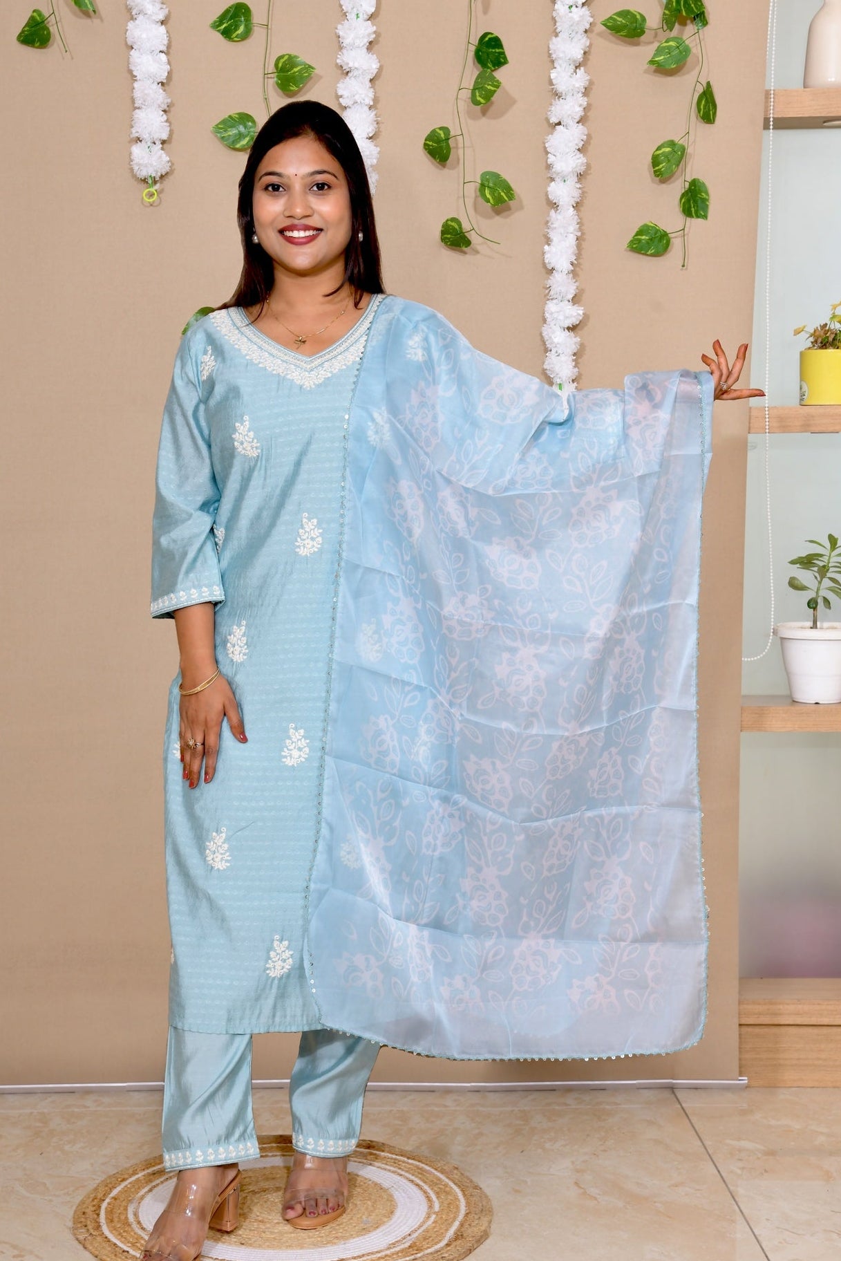Aqua Mist Embroidered Cotton Suit Set with Soft Organza Dupatta