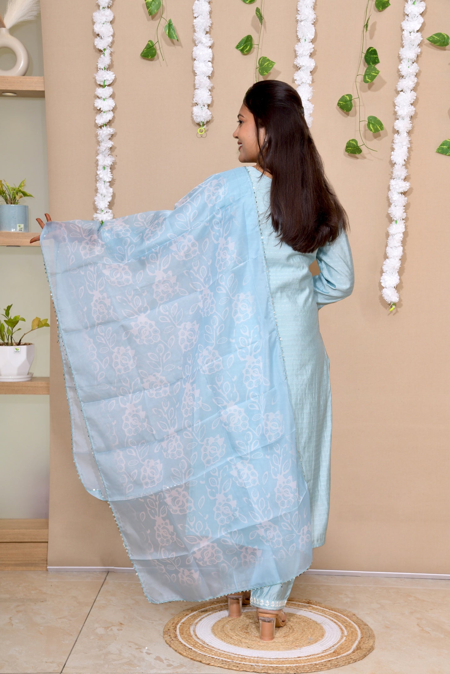 Aqua Mist Embroidered Cotton Suit Set with Soft Organza Dupatta