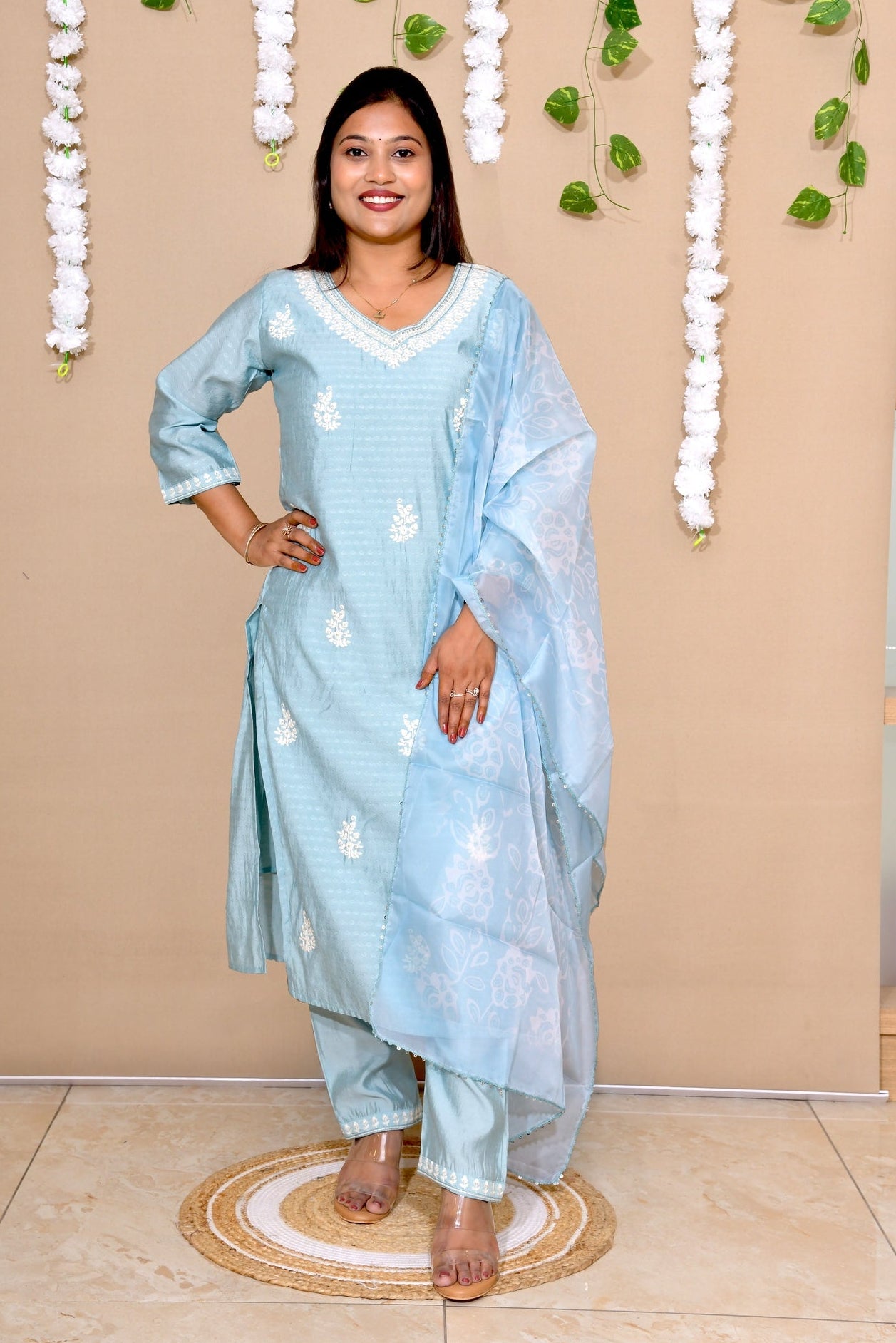 Aqua Mist Embroidered Cotton Suit Set with Soft Organza Dupatta