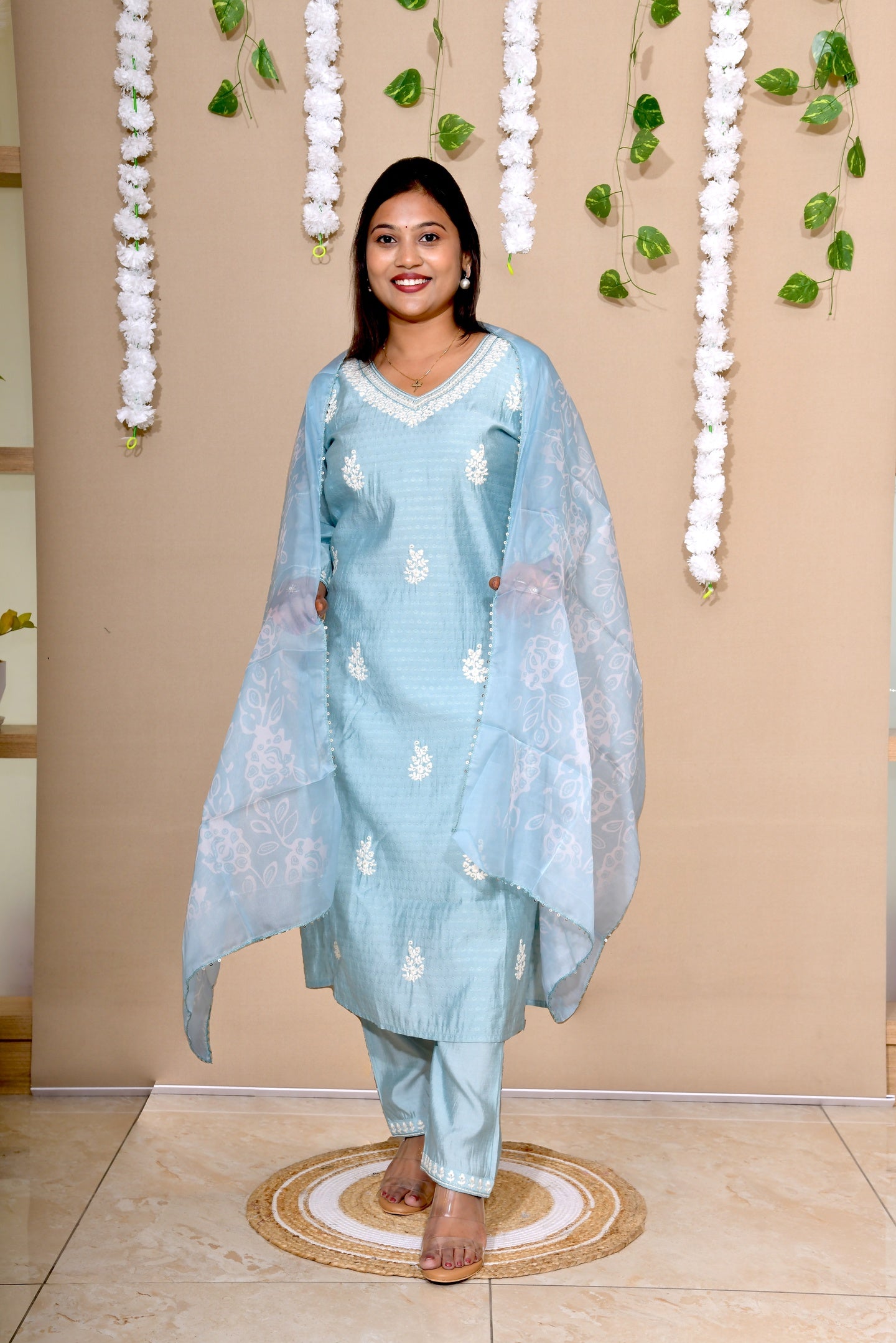 Aqua Mist Embroidered Cotton Suit Set with Soft Organza Dupatta