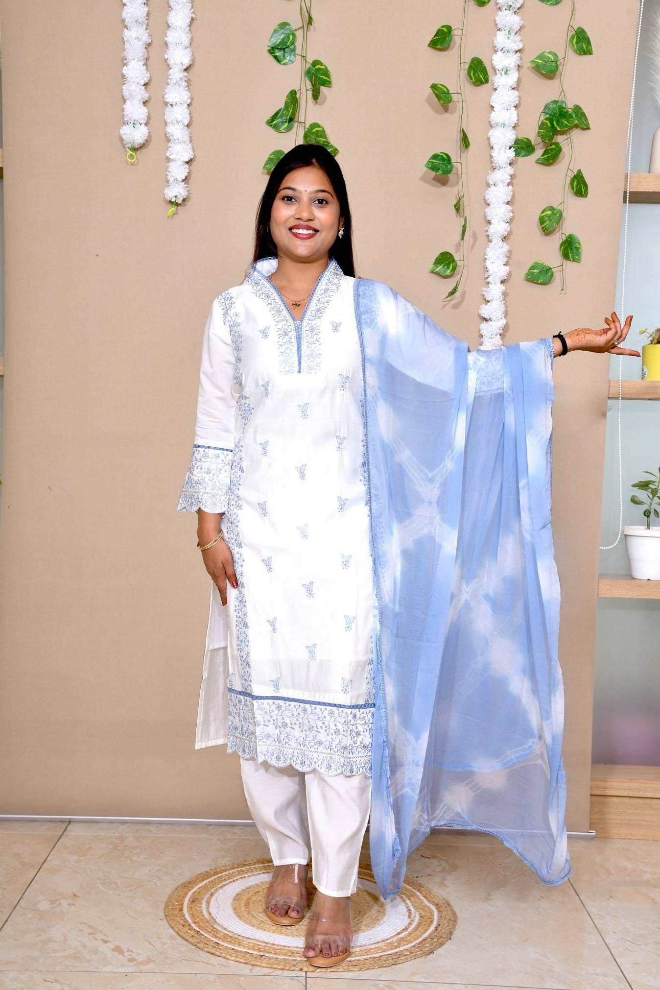 Sky Mist Cotton Kurta Set with Tie-Dye Dupatta