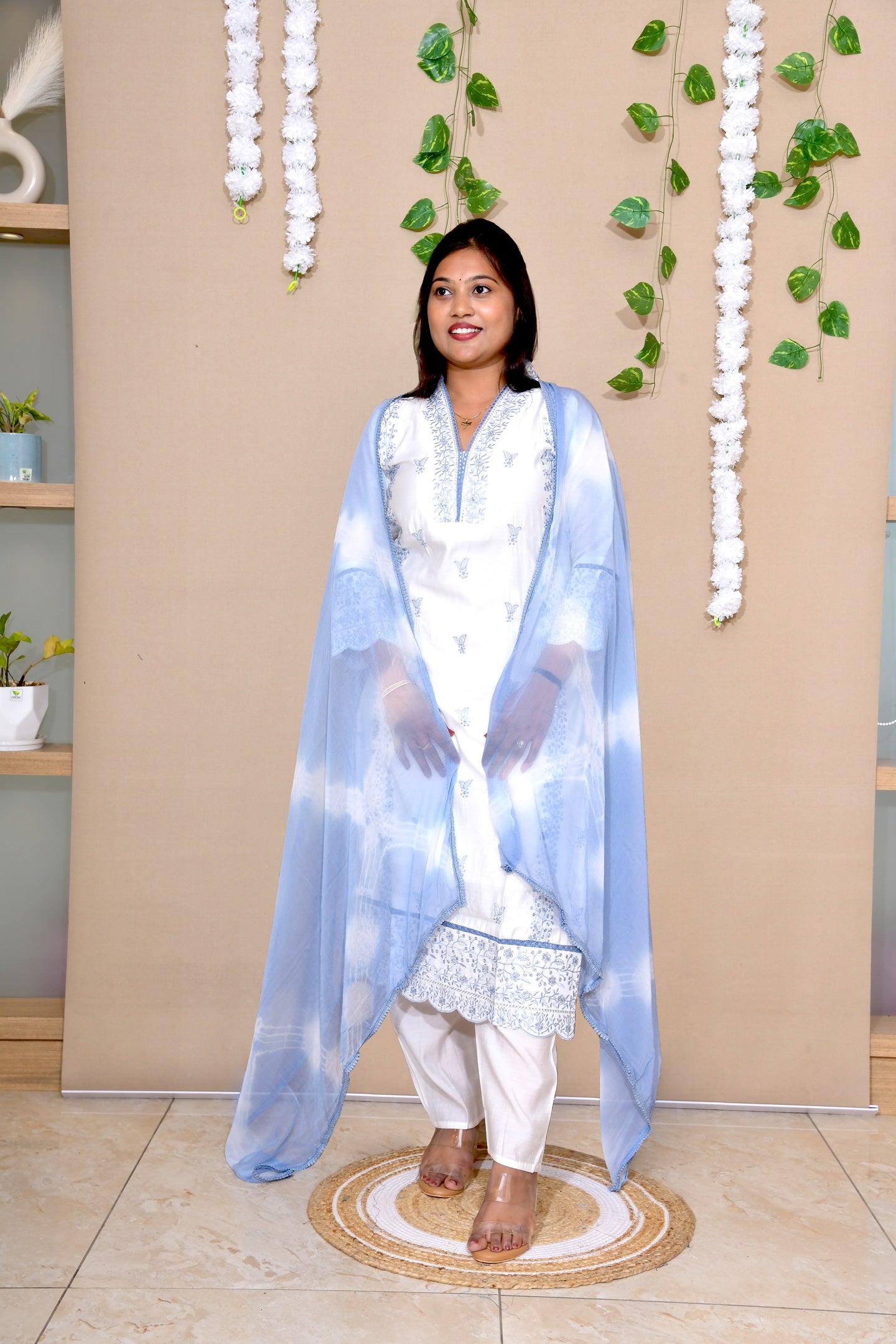 Sky Mist Cotton Kurta Set with Tie-Dye Dupatta