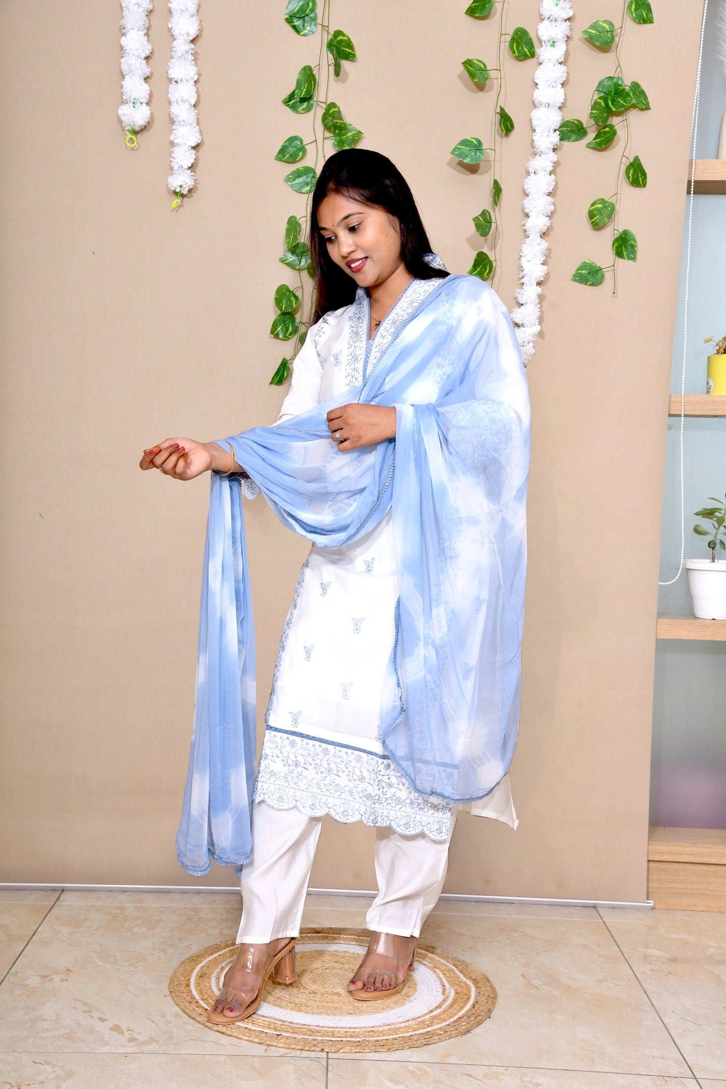 Sky Mist Cotton Kurta Set with Tie-Dye Dupatta
