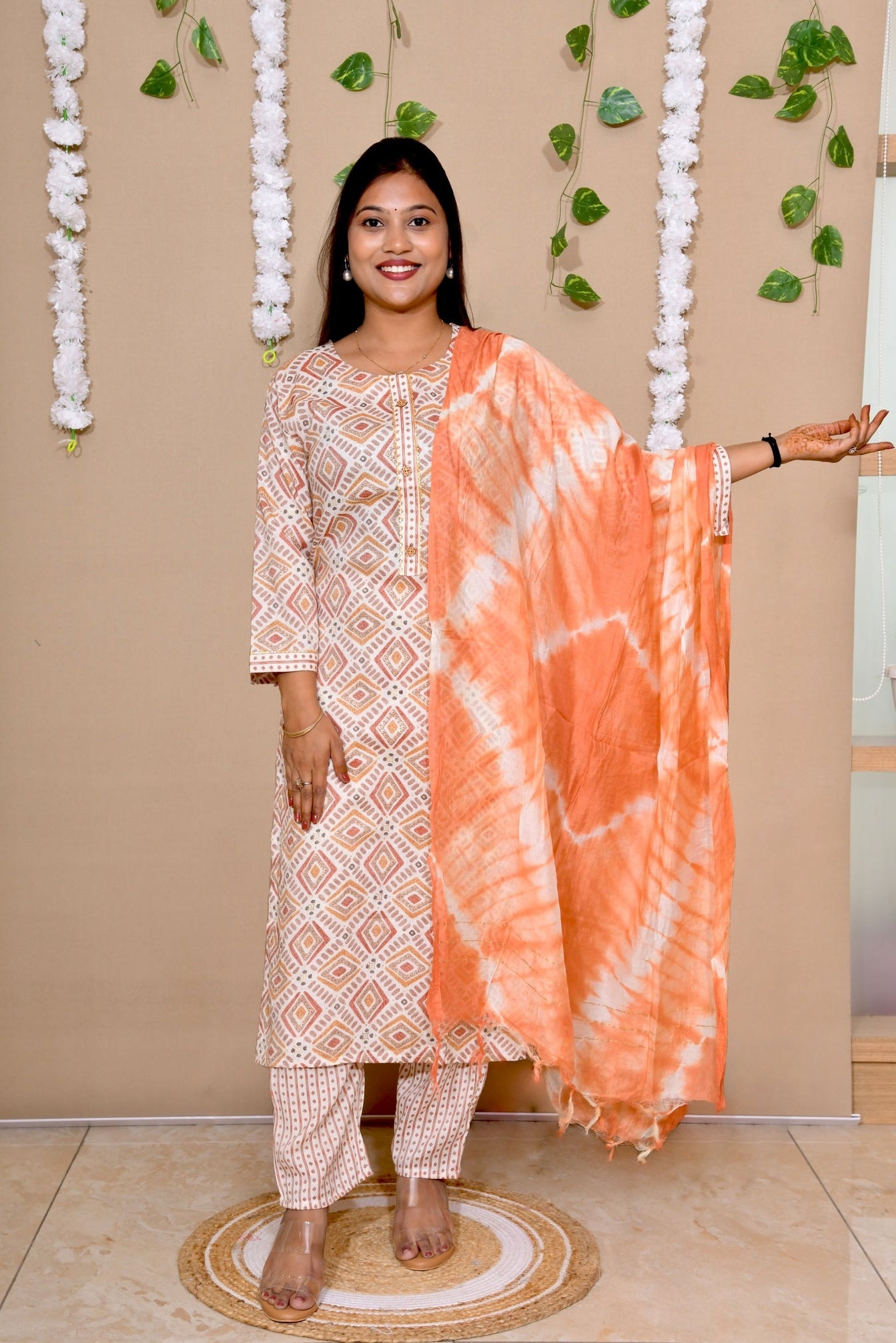 Rust Aura Geometric Printed Everyday Suit Set with Tie-Dye Dupatta