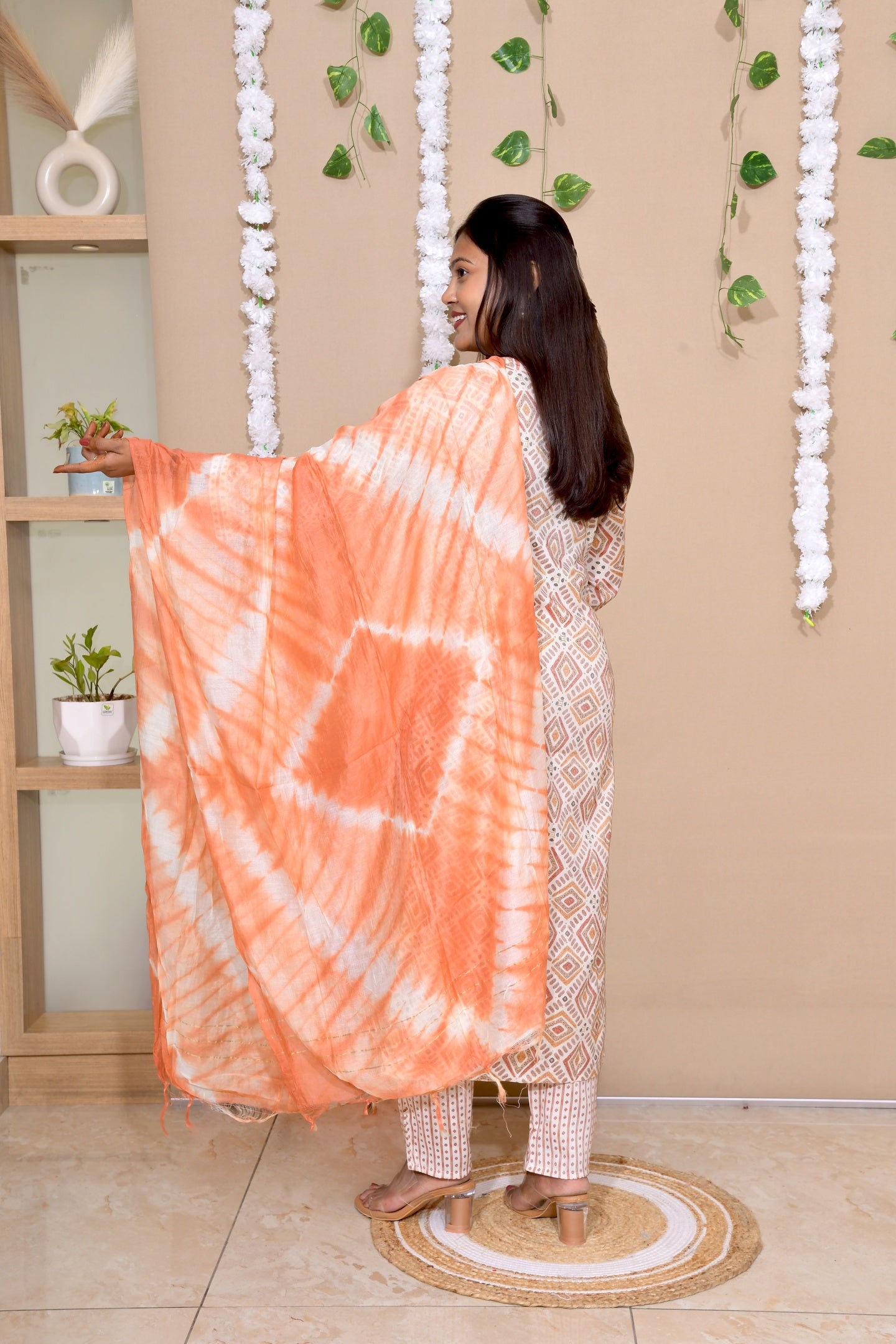 Rust Aura Geometric Printed Everyday Suit Set with Tie-Dye Dupatta