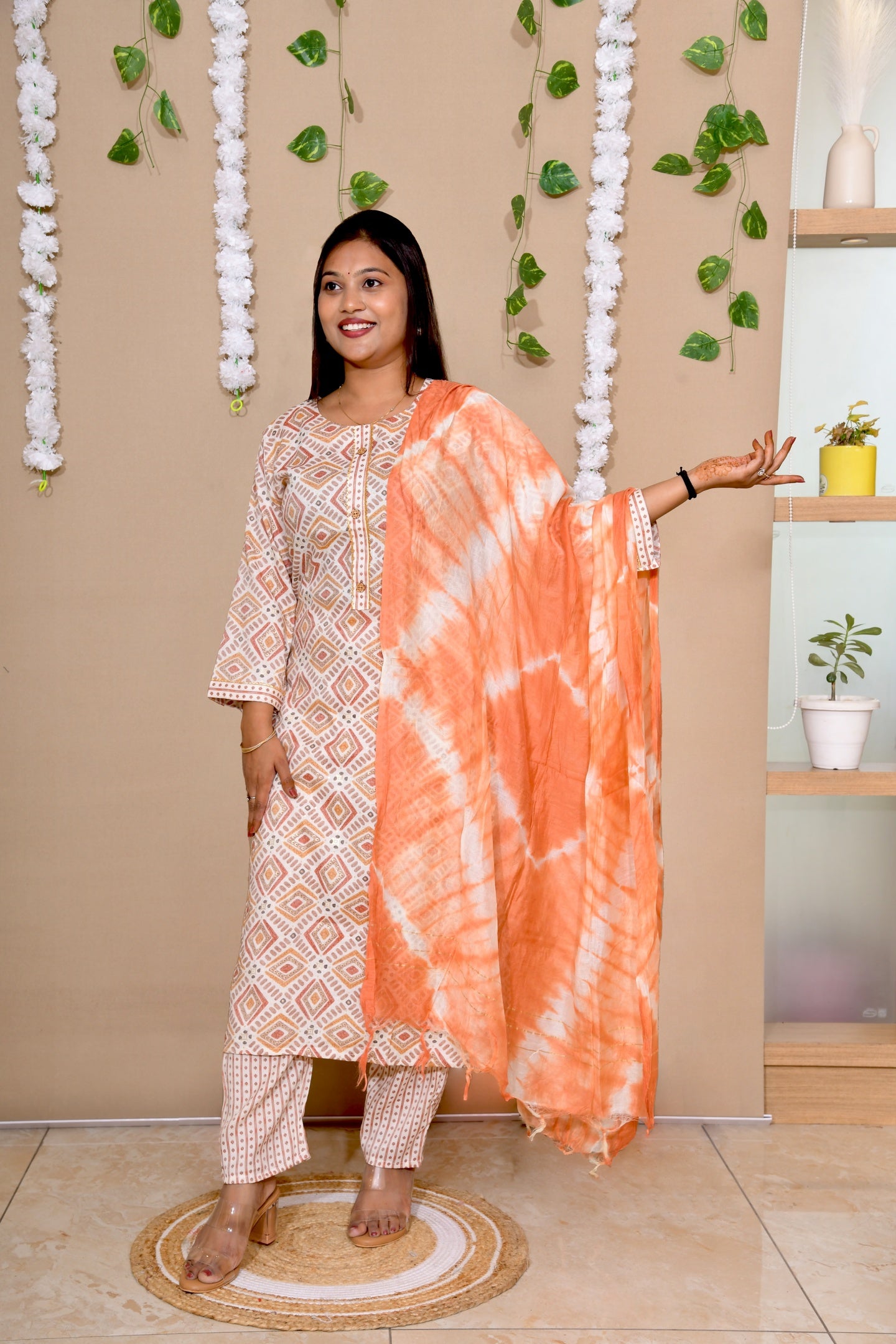 Rust Aura Geometric Printed Everyday Suit Set with Tie-Dye Dupatta