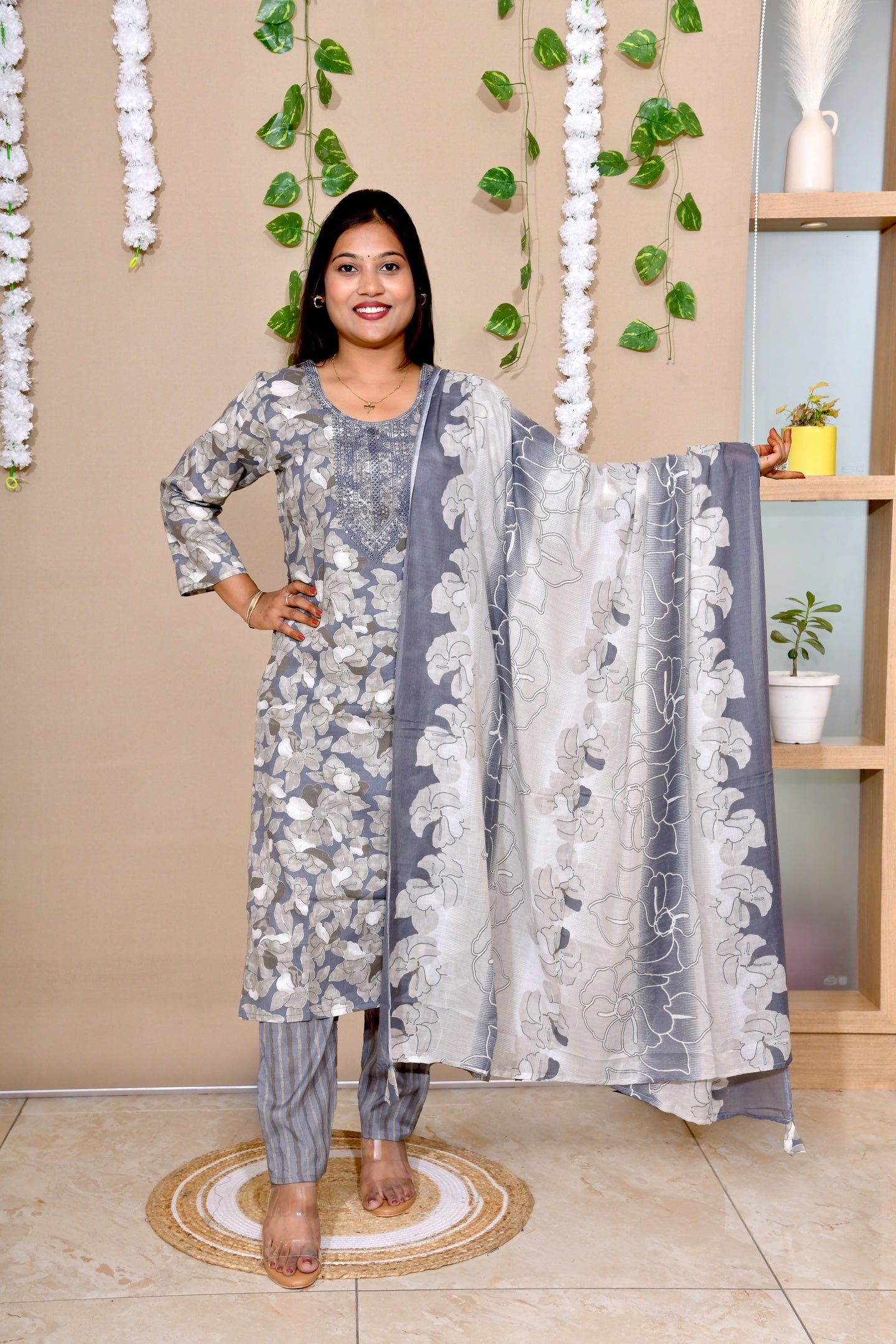 Graceful Grey Floral Cotton Suit Set
