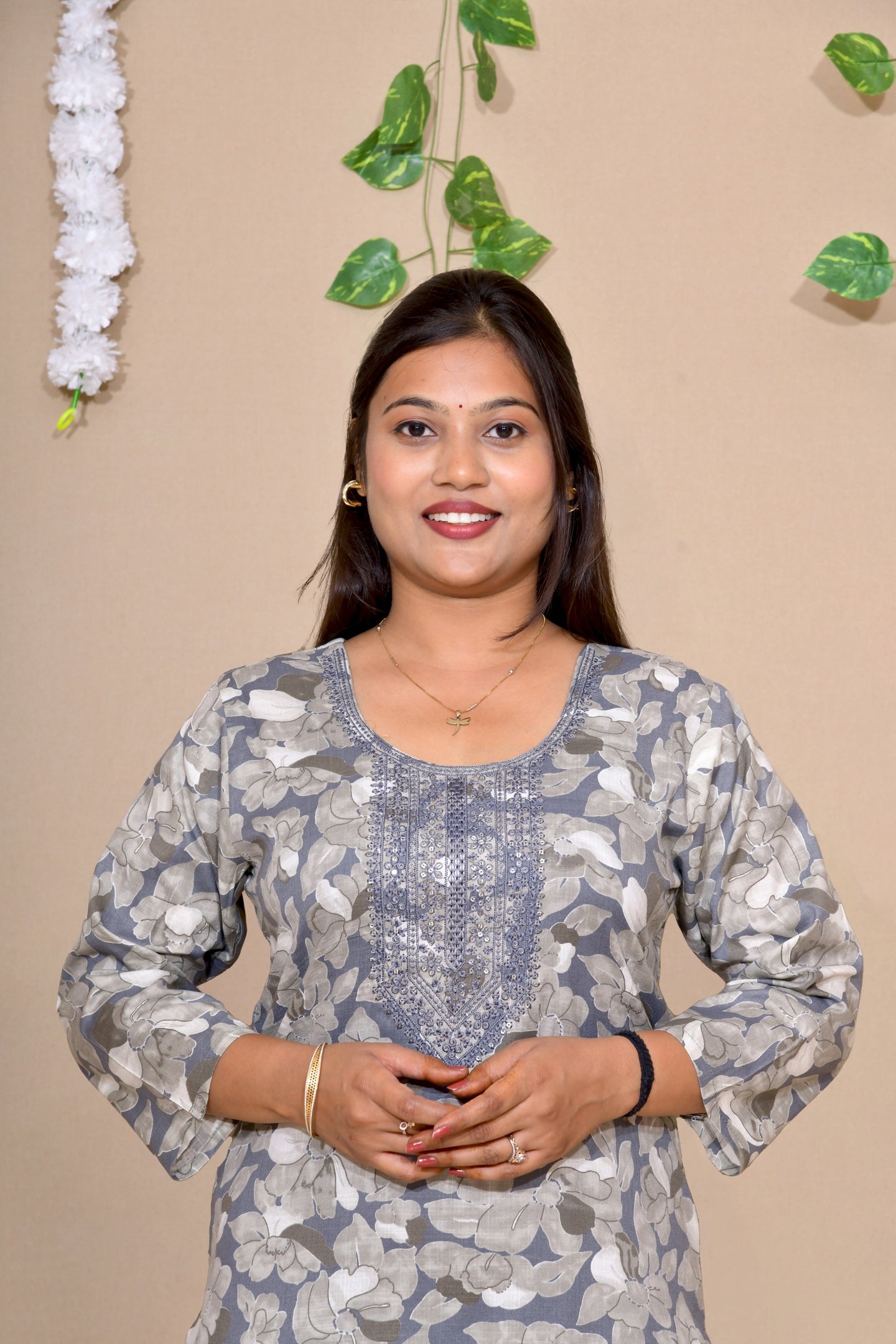 Graceful Grey Floral Cotton Suit Set