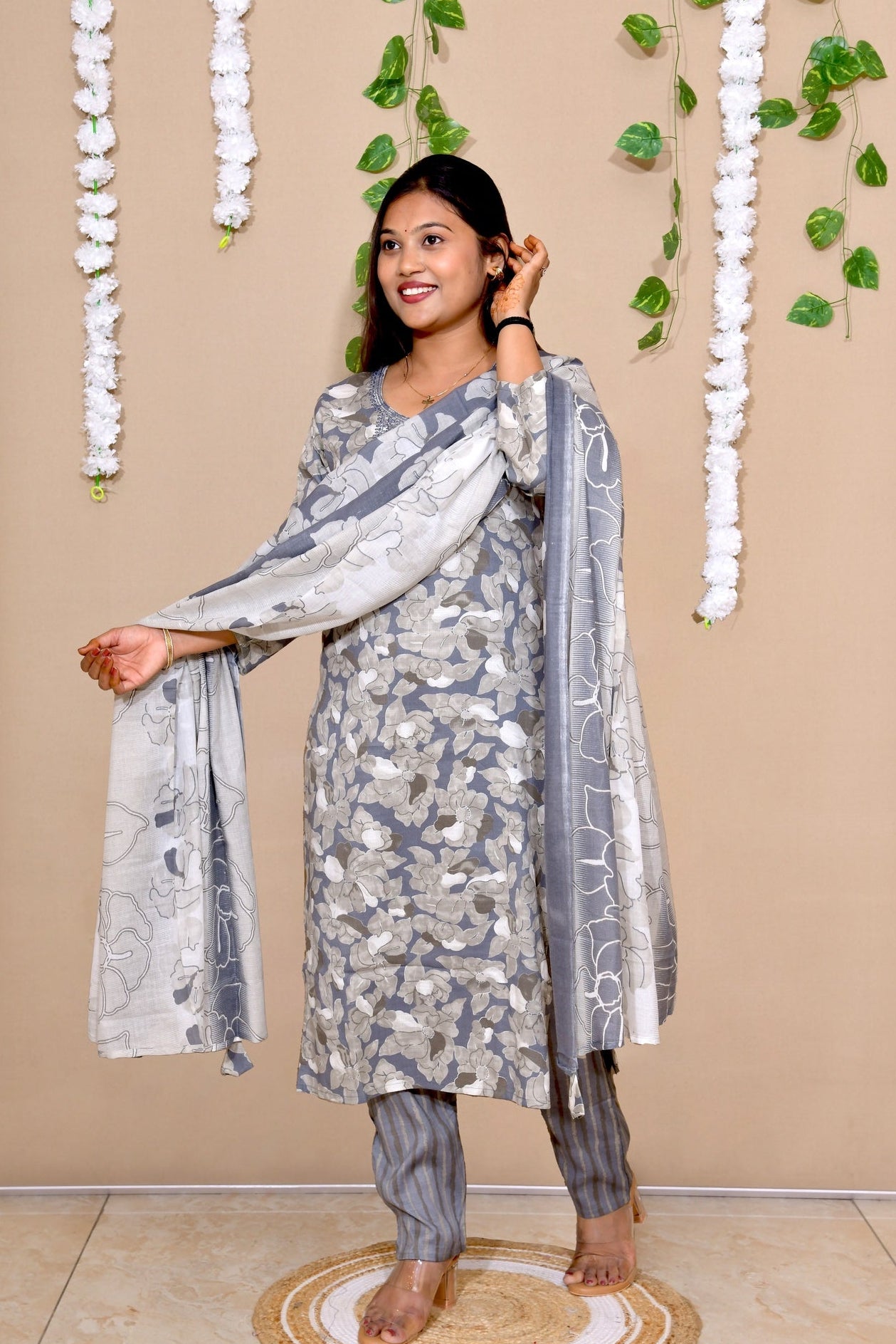 Graceful Grey Floral Cotton Suit Set