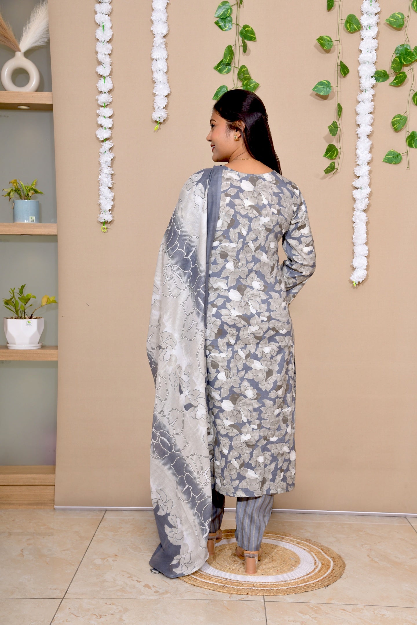 Graceful Grey Floral Cotton Suit Set