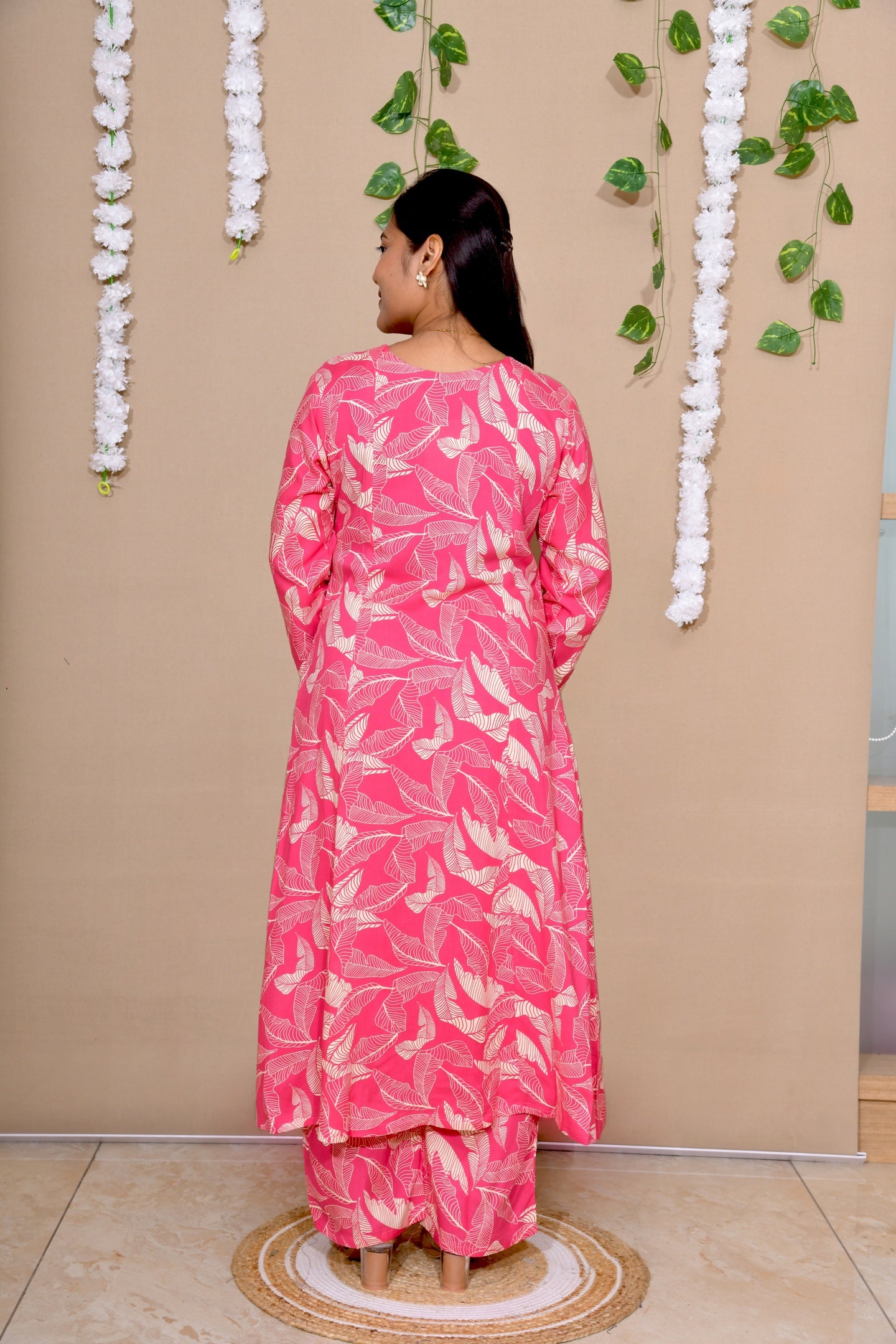 Pink Leaf Print A-Line Kurta Set