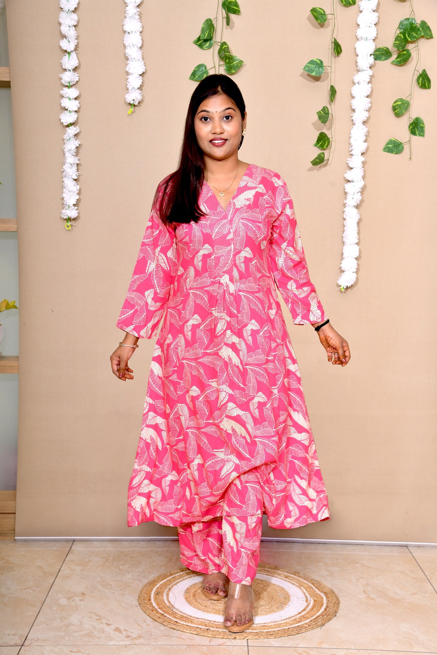 Pink Leaf Print A-Line Kurta Set
