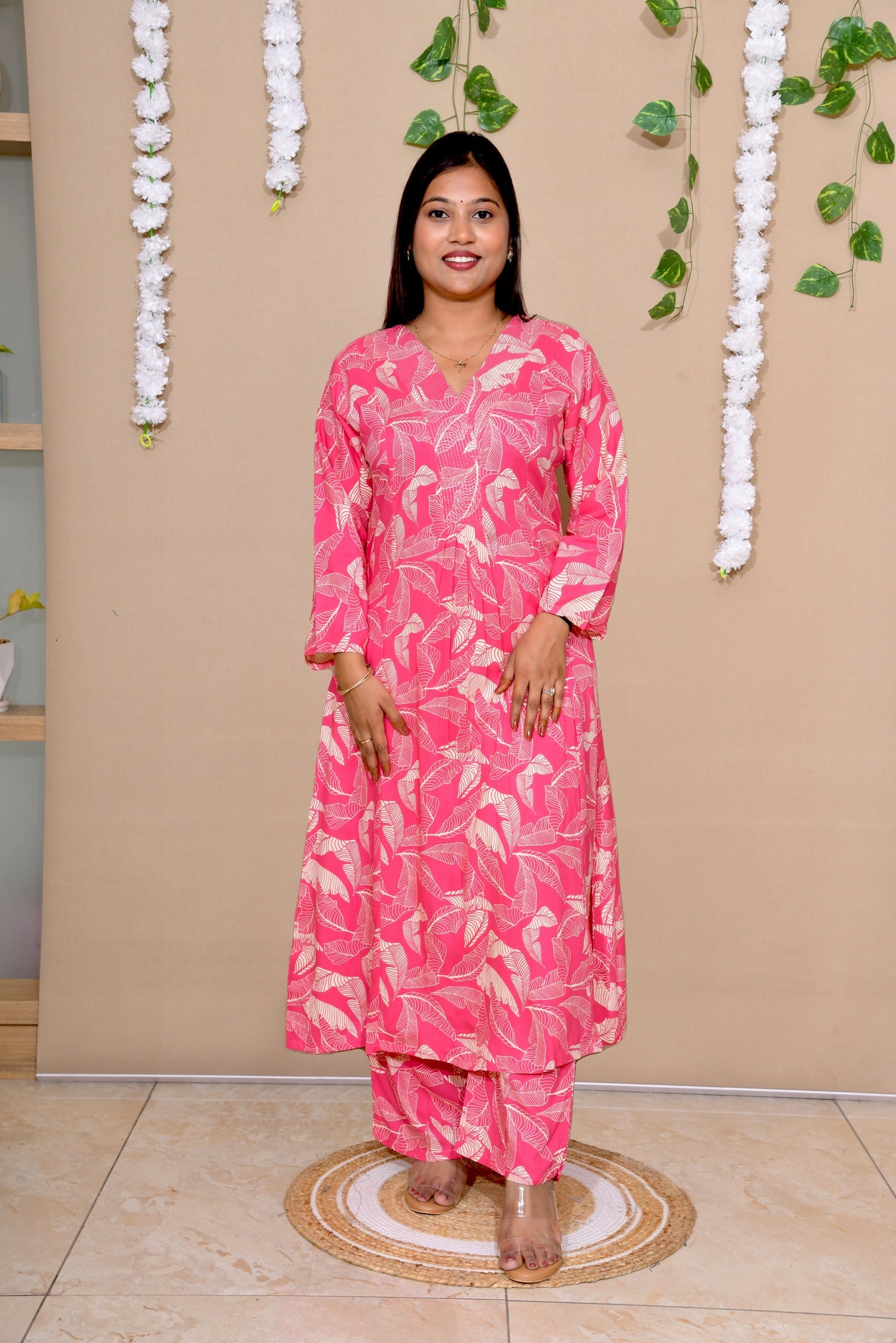 Pink Leaf Print A-Line Kurta Set