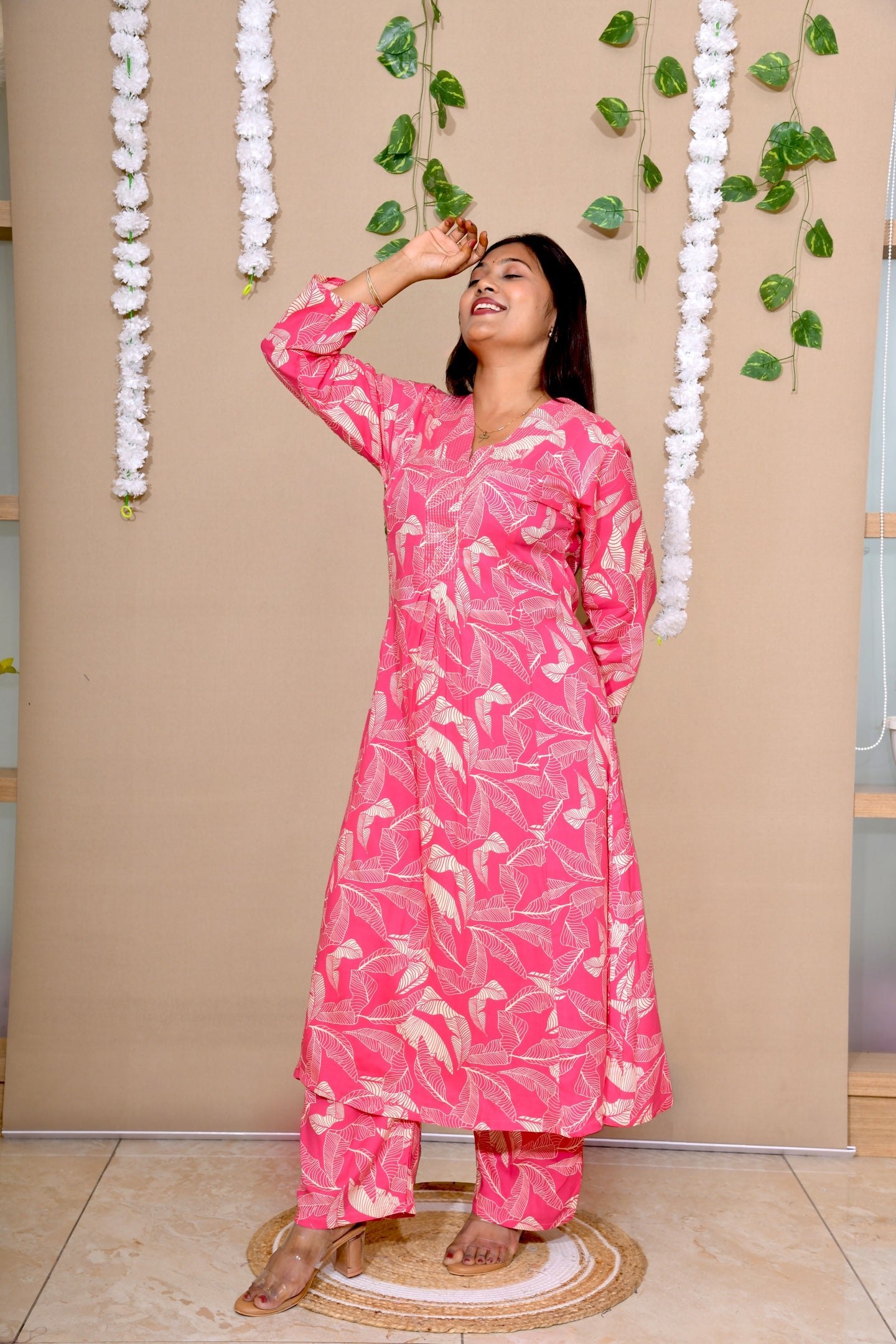 Pink Leaf Print A-Line Kurta Set