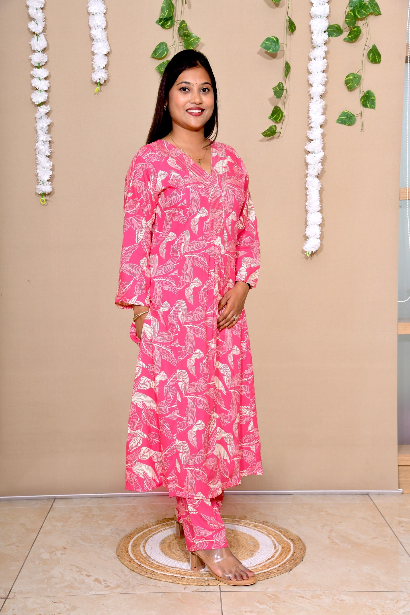 Pink Leaf Print A-Line Kurta Set
