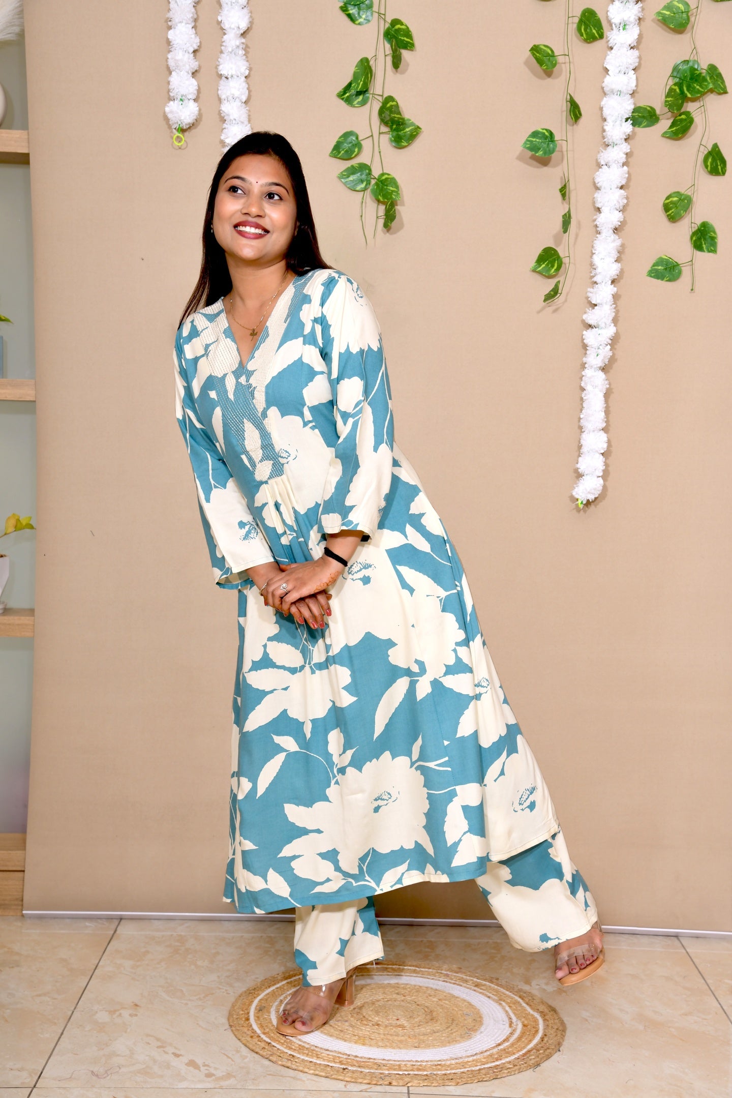 Sea Blue Floral Kurta Set