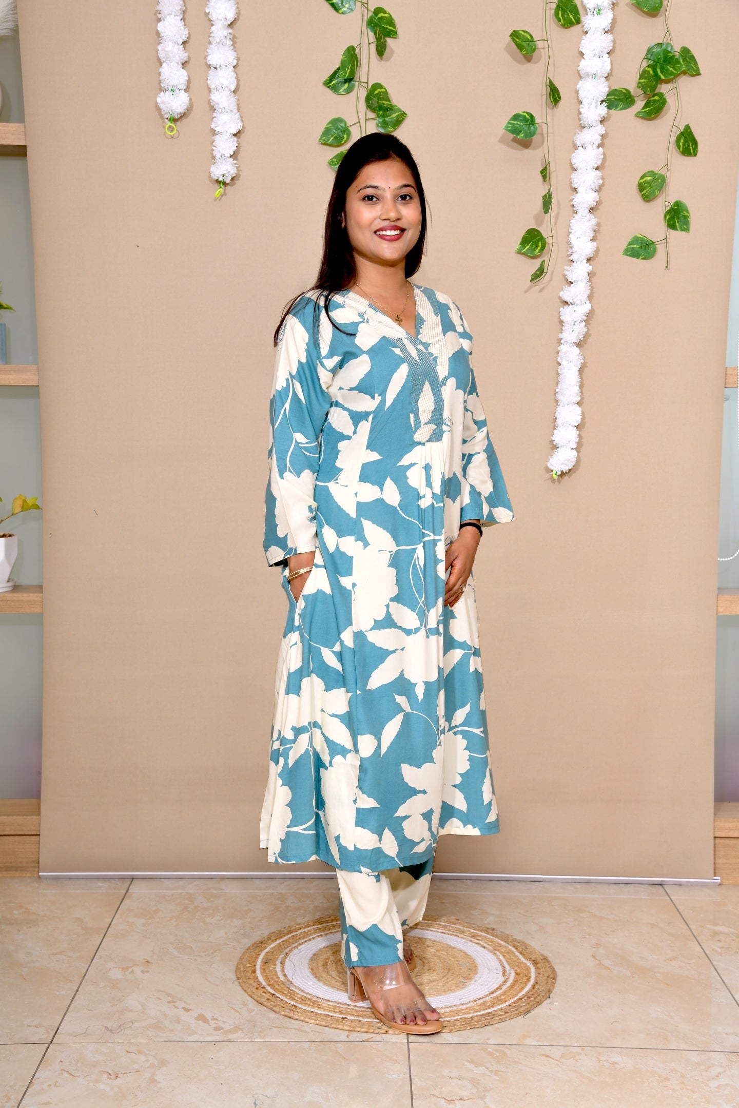 Sea Blue Floral Kurta Set