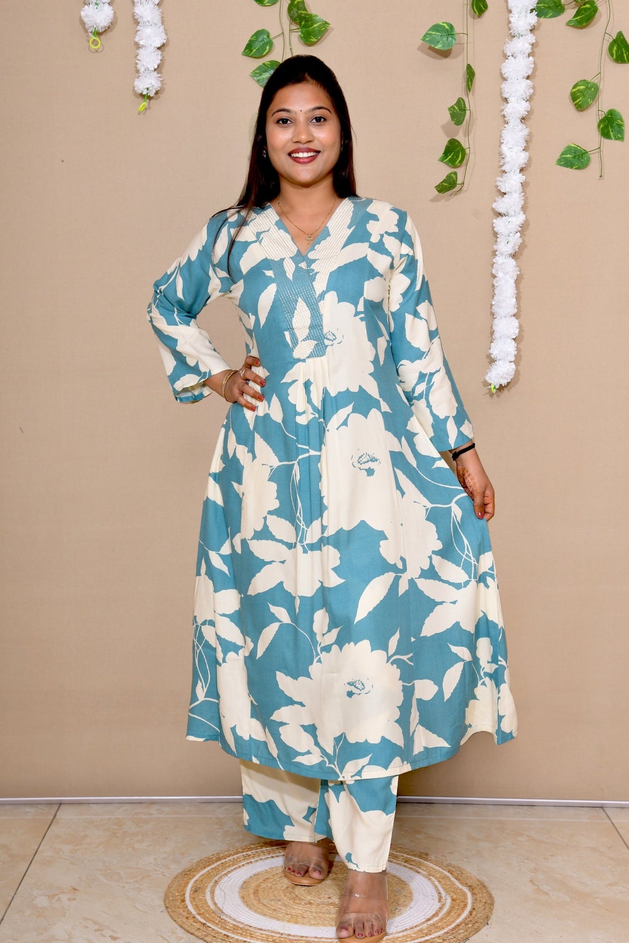 Sea Blue Floral Kurta Set