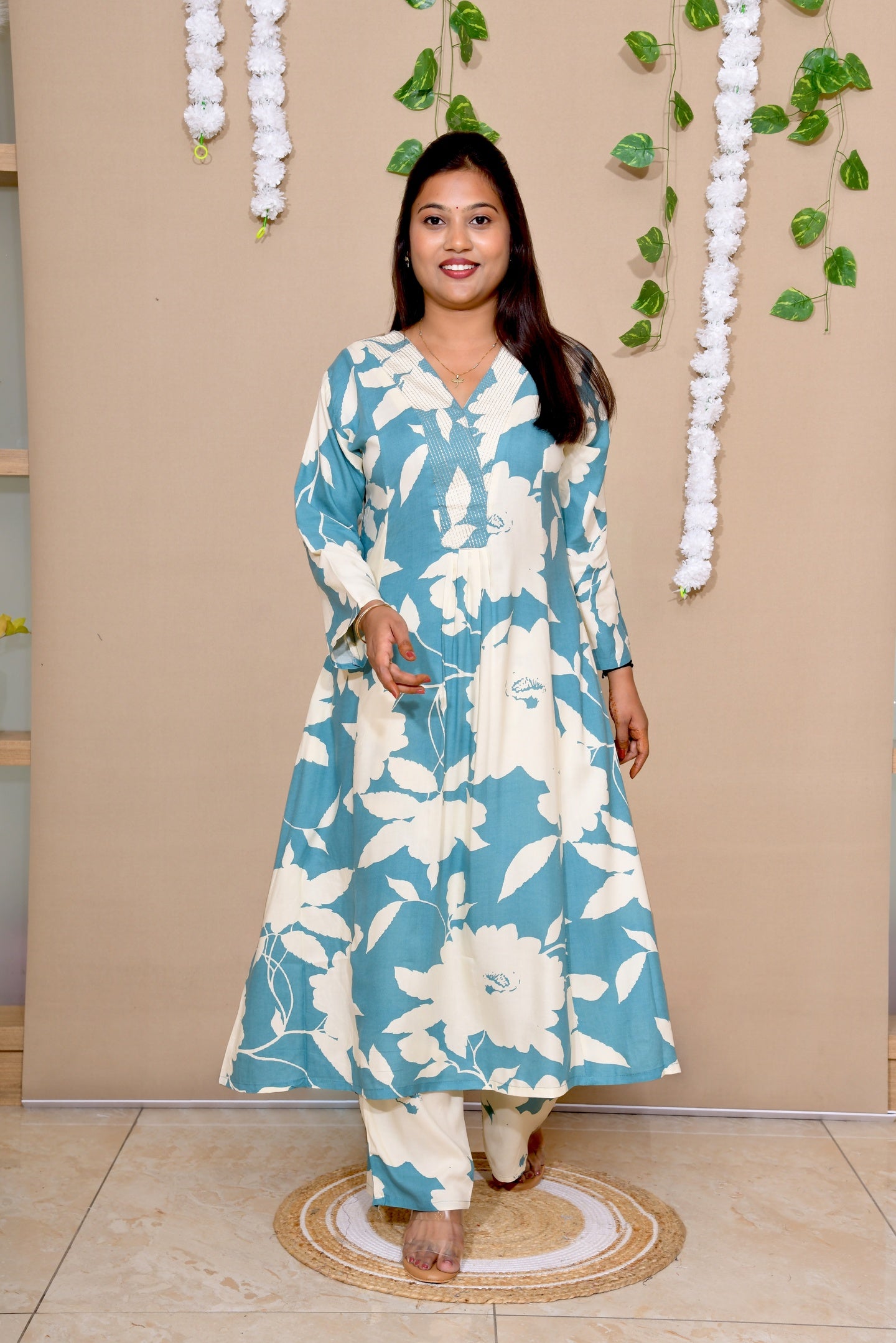 Sea Blue Floral Kurta Set