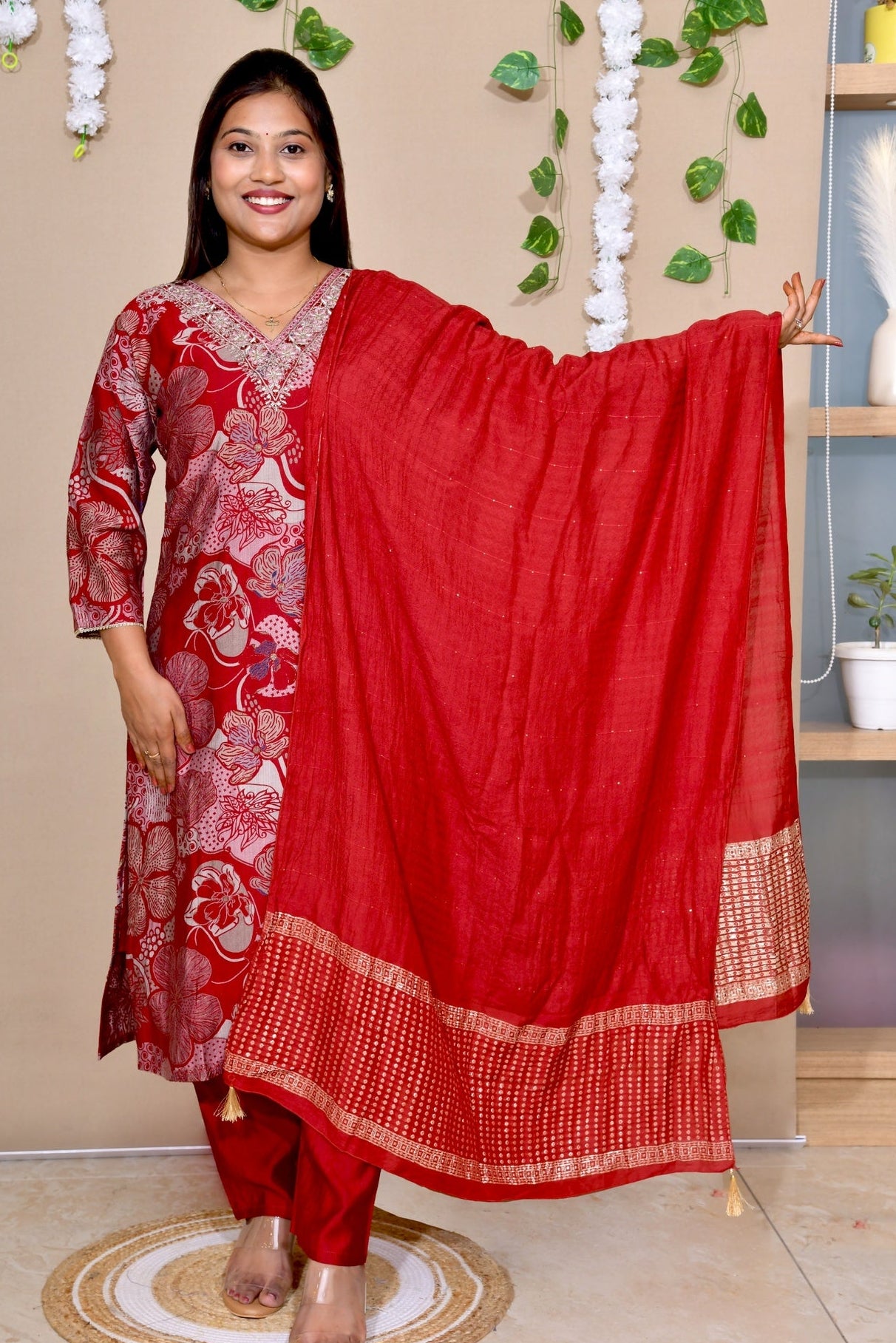 Maroon Floral Printed Cotton Suit Set with Dupatta