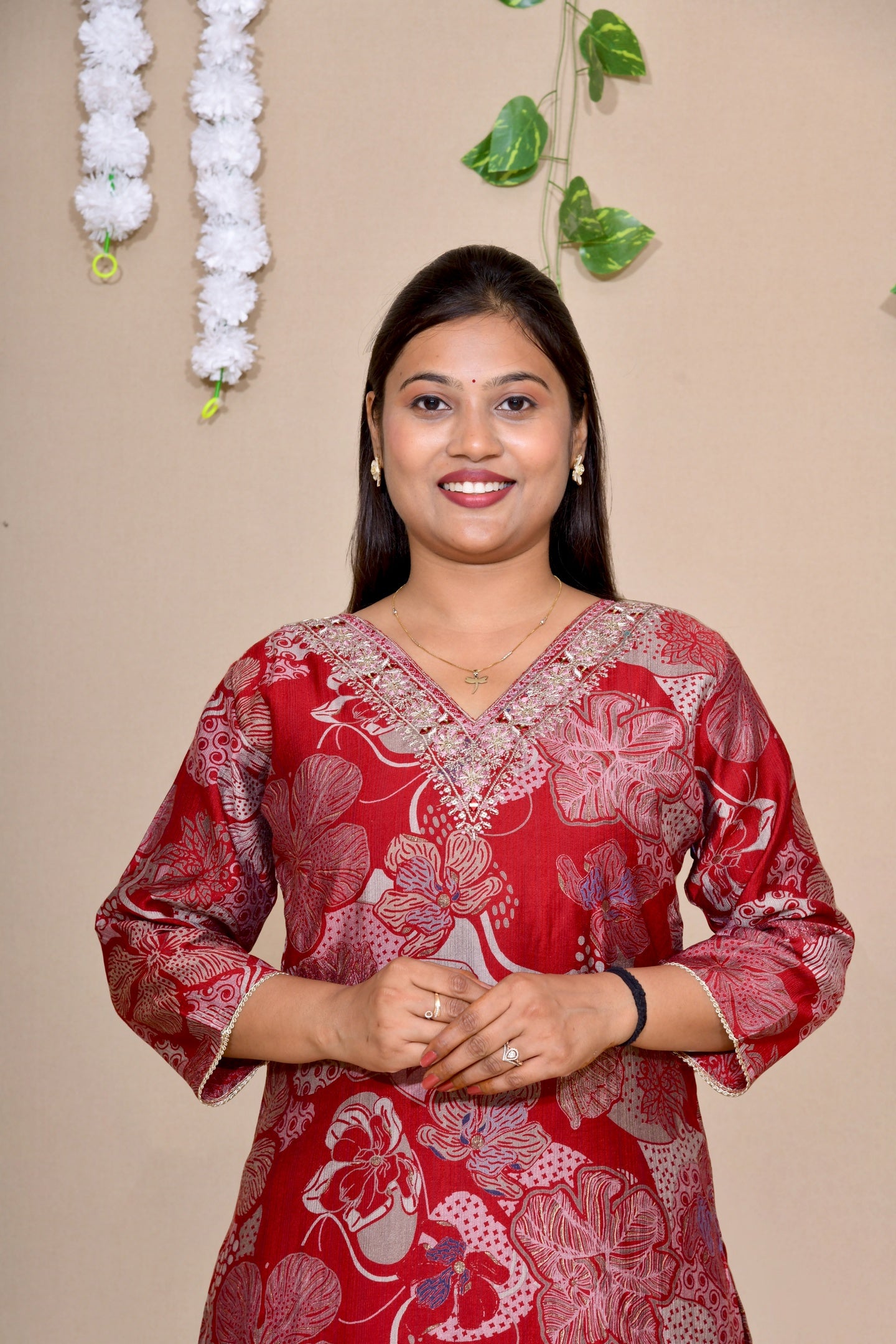 Maroon Floral Printed Cotton Suit Set with Dupatta