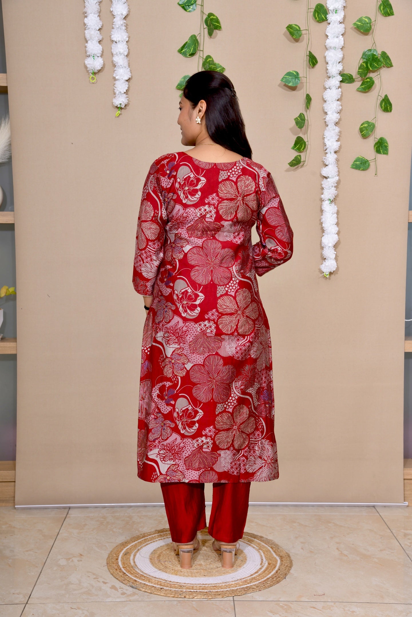 Maroon Floral Printed Cotton Suit Set with Dupatta