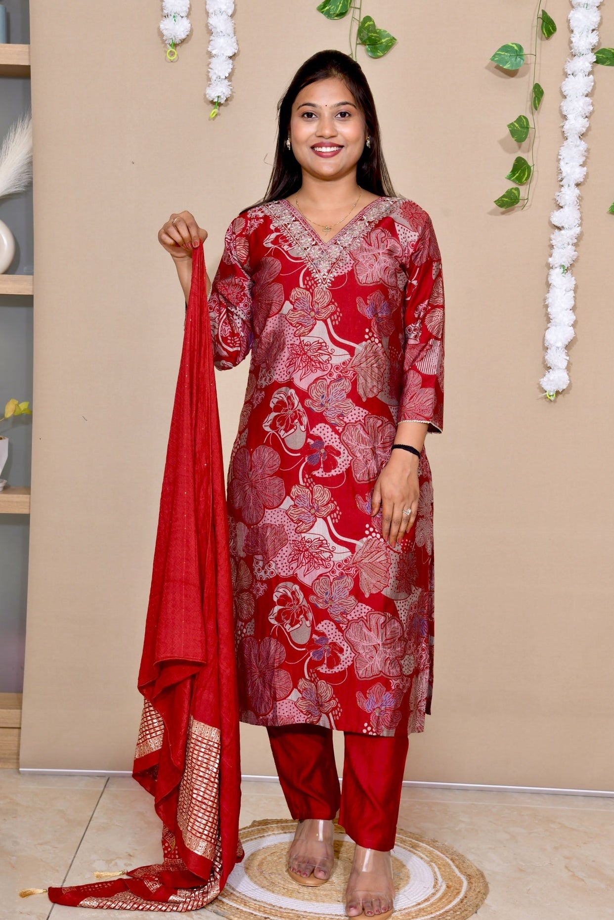 Maroon Floral Printed Cotton Suit Set with Dupatta