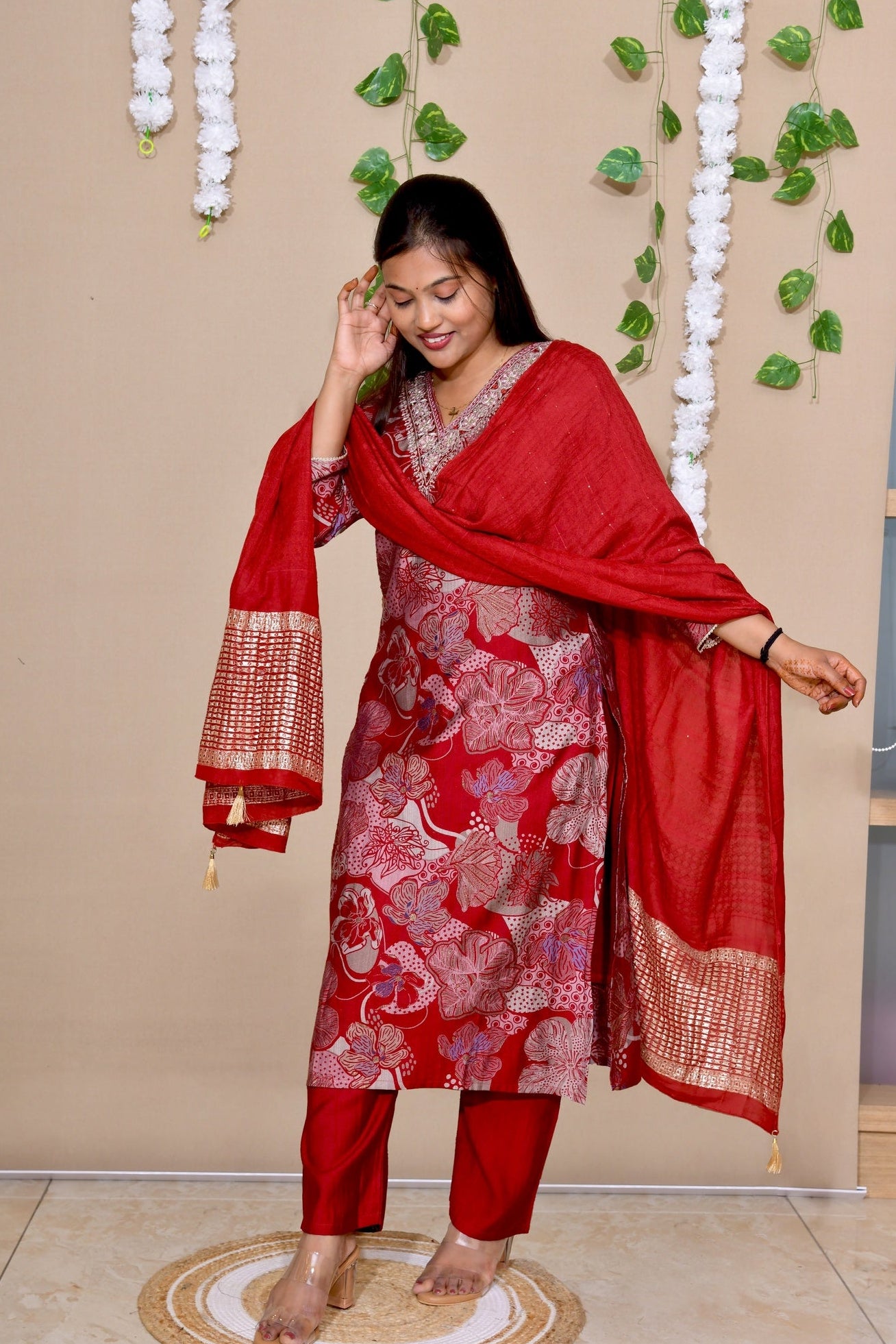 Maroon Floral Printed Cotton Suit Set with Dupatta