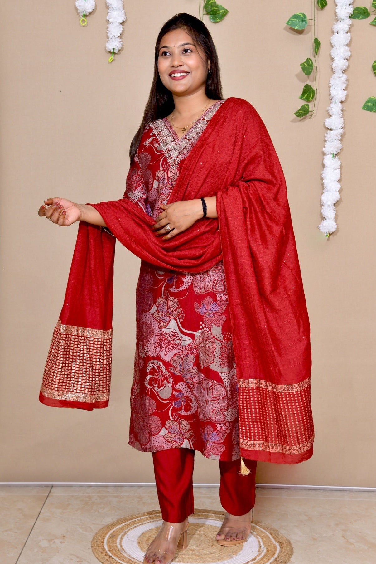 Maroon Floral Printed Cotton Suit Set with Dupatta