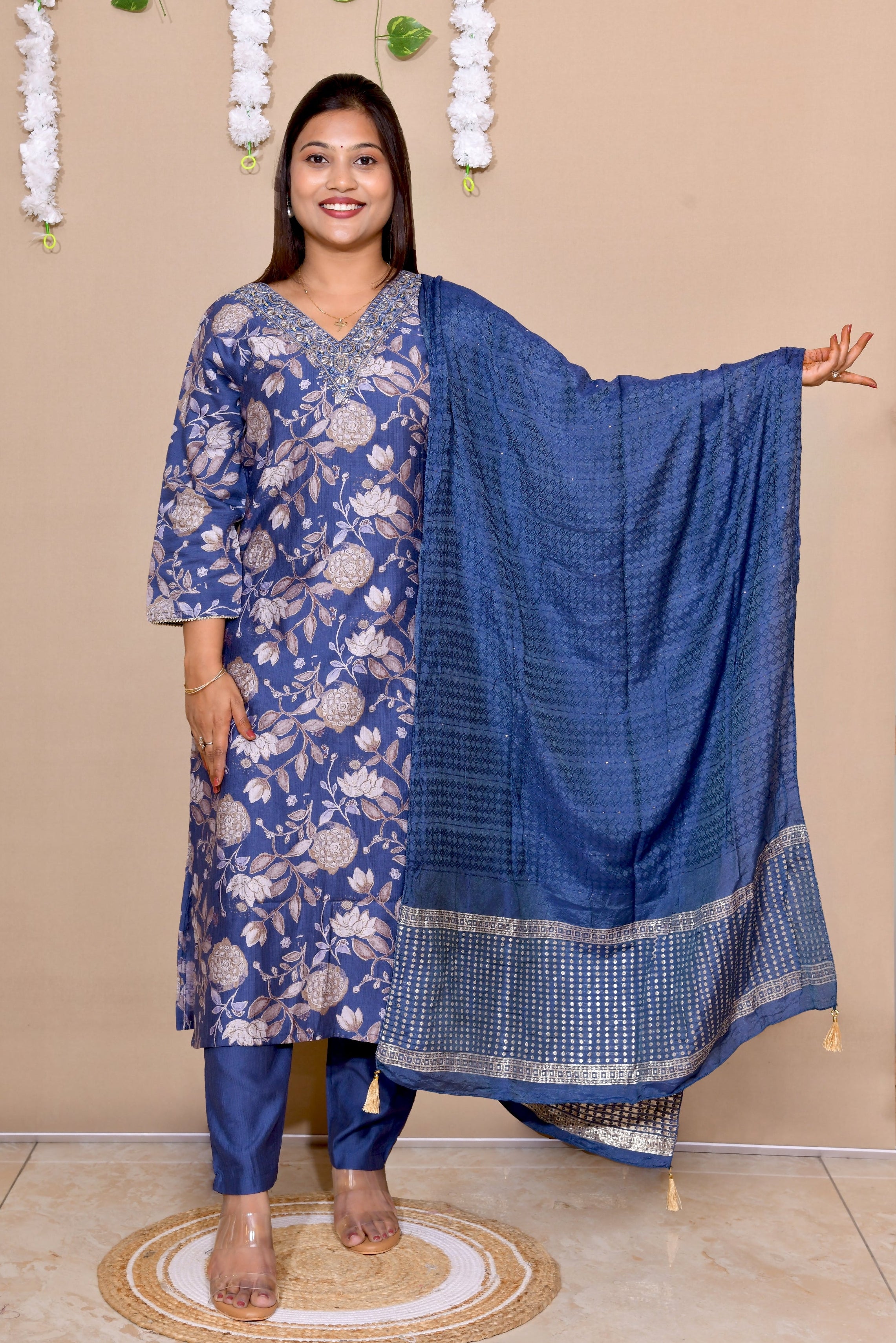 Regal Blue Floral Premium Cotton Kurta Set with Dupatta