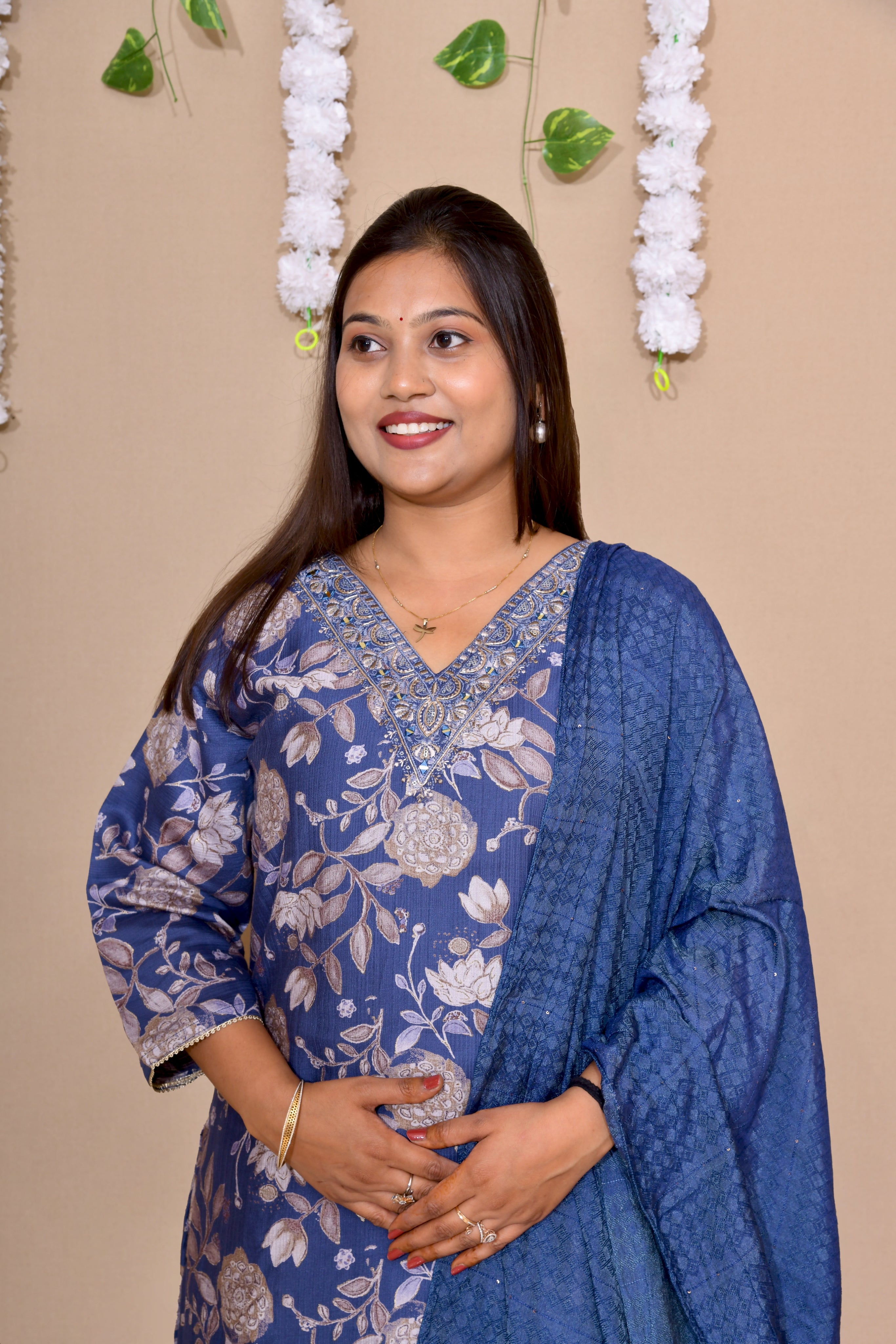 Regal Blue Floral Premium Cotton Kurta Set with Dupatta