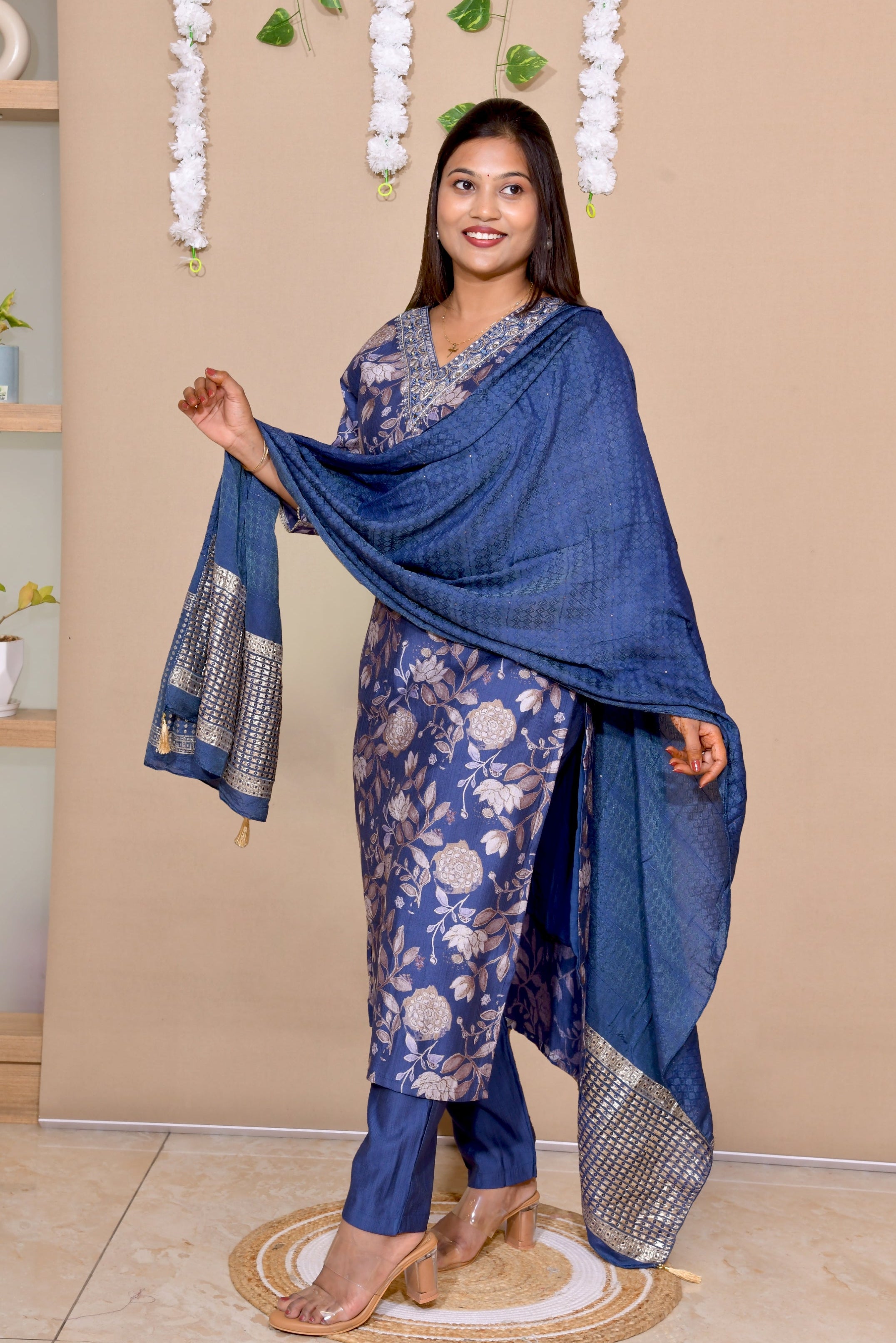 Regal Blue Floral Premium Cotton Kurta Set with Dupatta