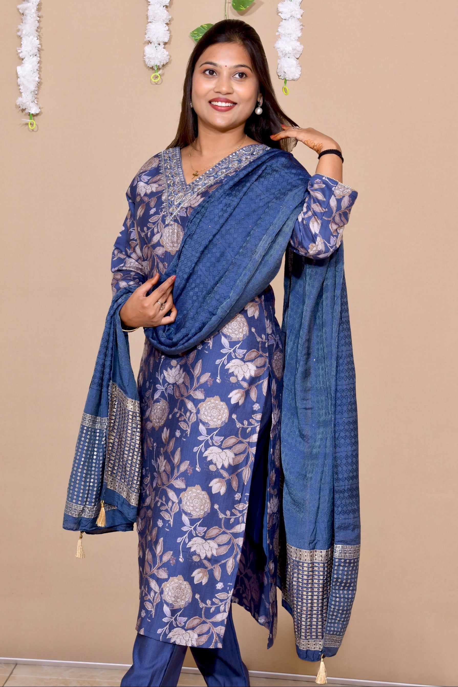 Regal Blue Floral Premium Cotton Kurta Set with Dupatta