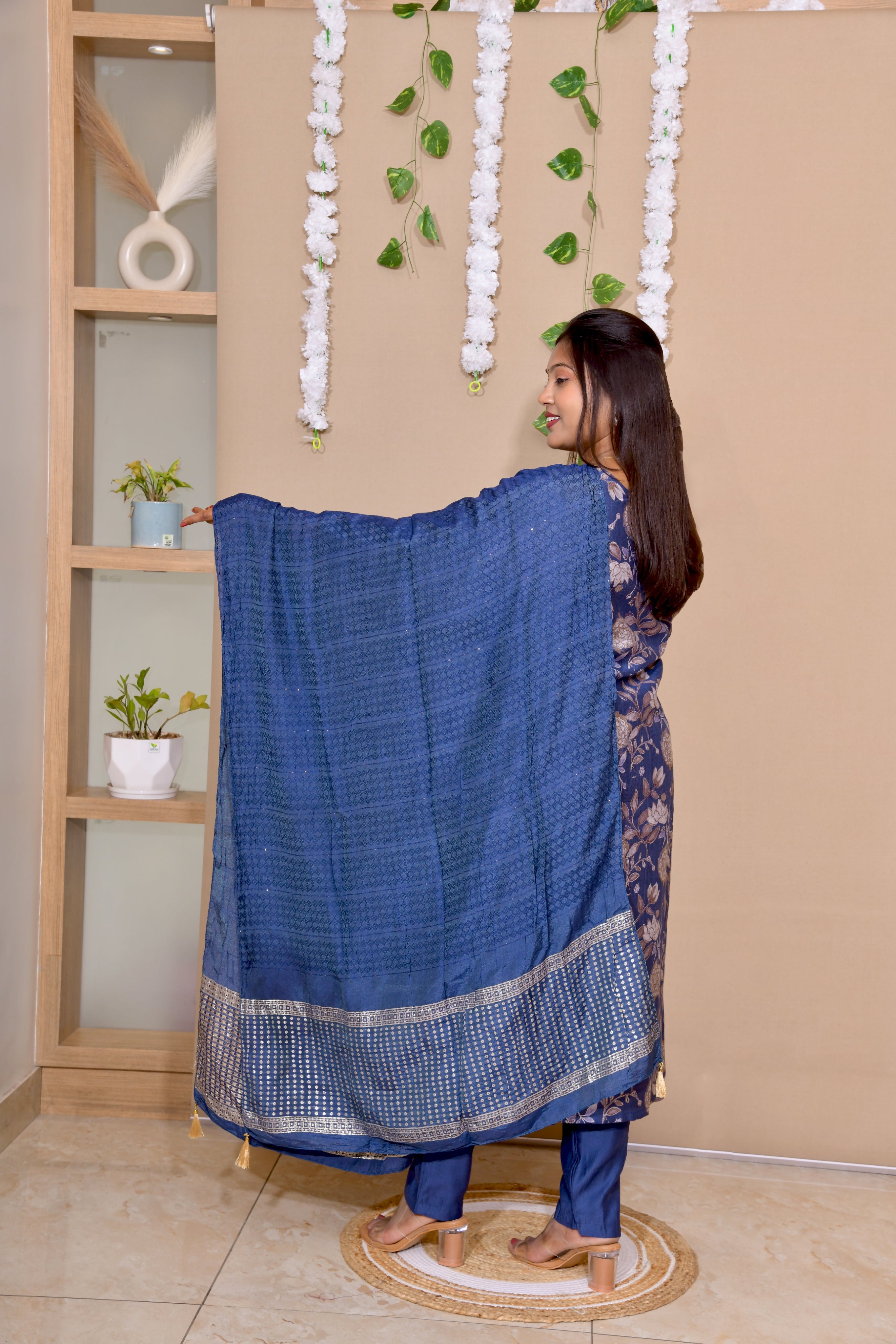 Regal Blue Floral Premium Cotton Kurta Set with Dupatta