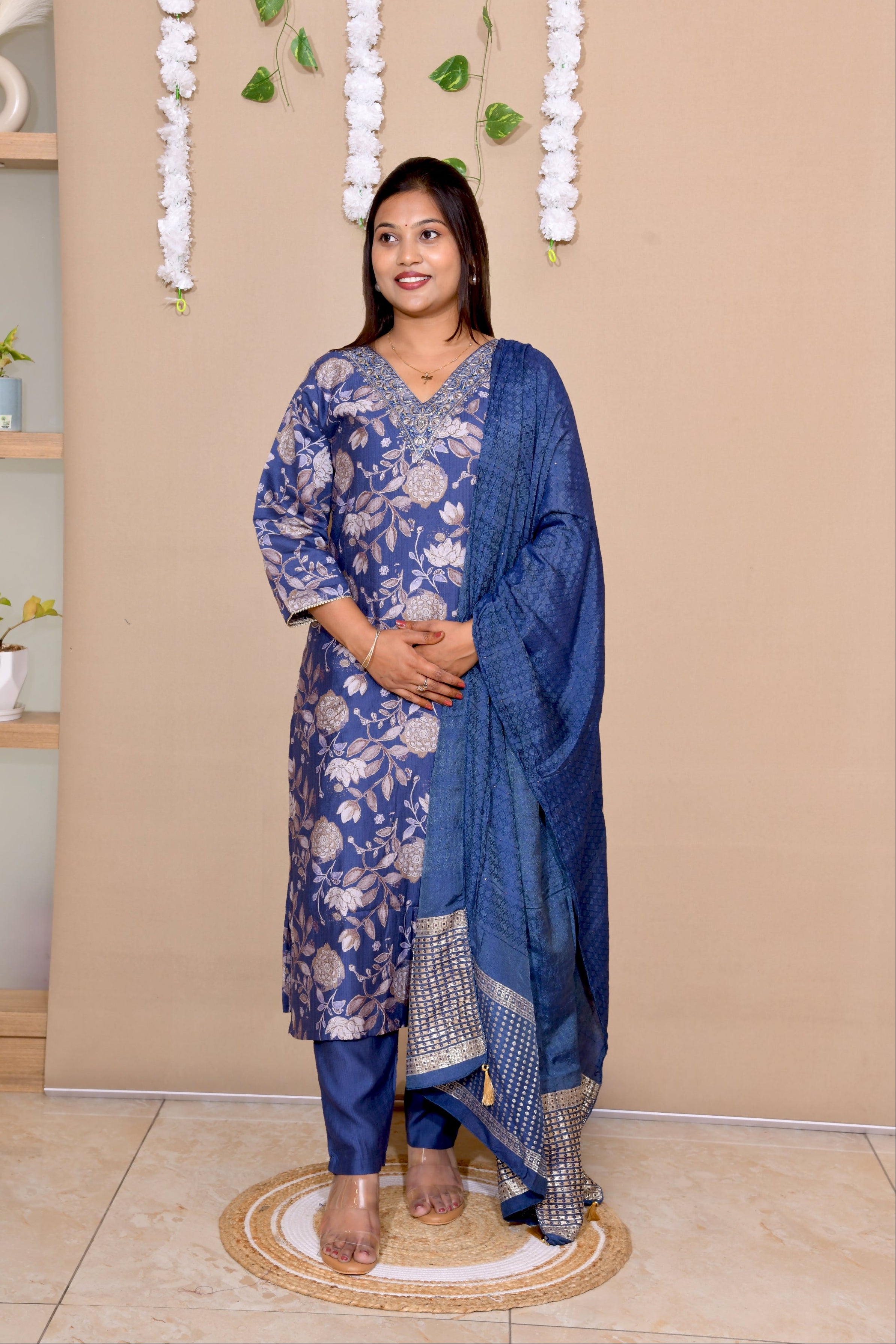 Regal Blue Floral Premium Cotton Kurta Set with Dupatta