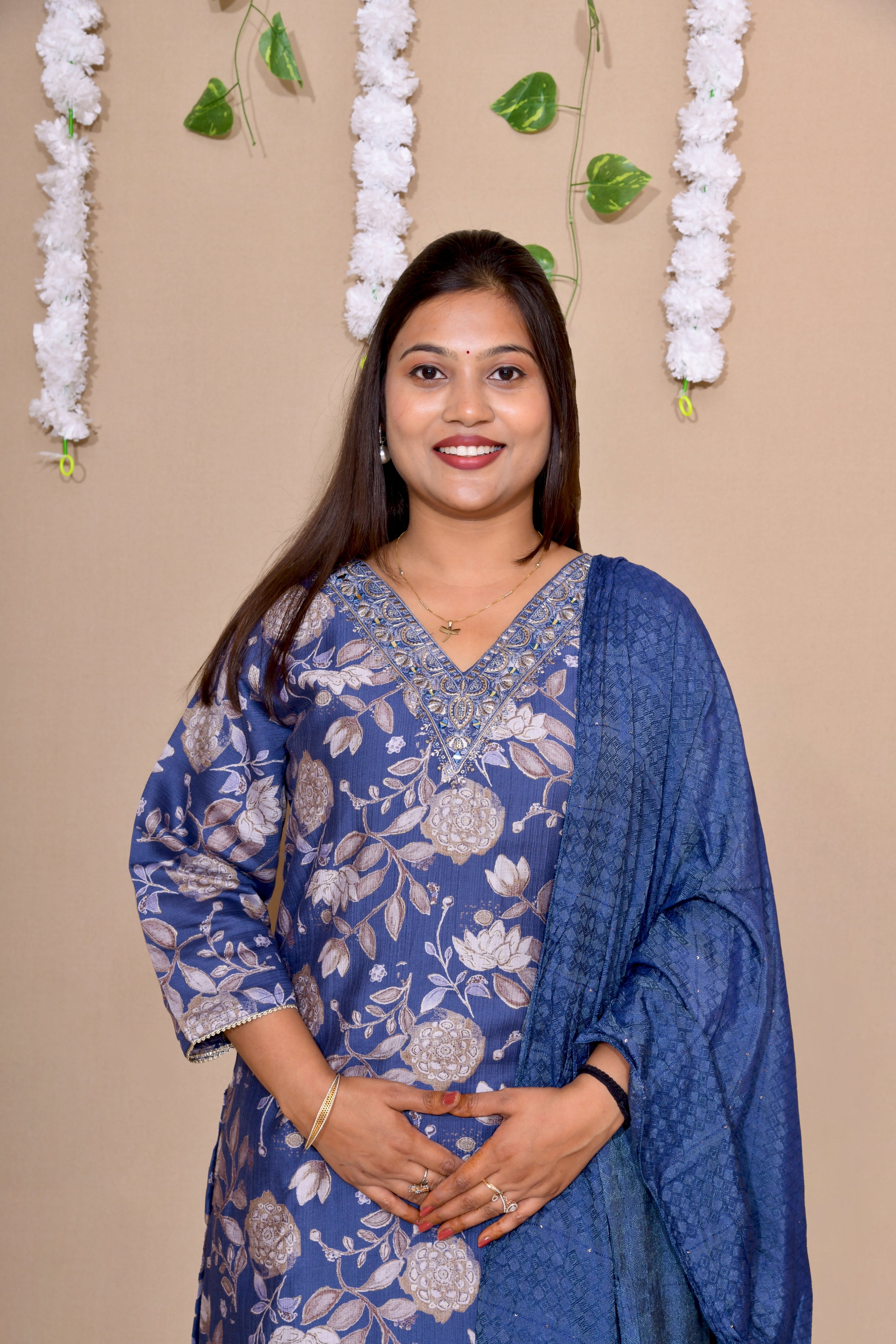 Regal Blue Floral Premium Cotton Kurta Set with Dupatta