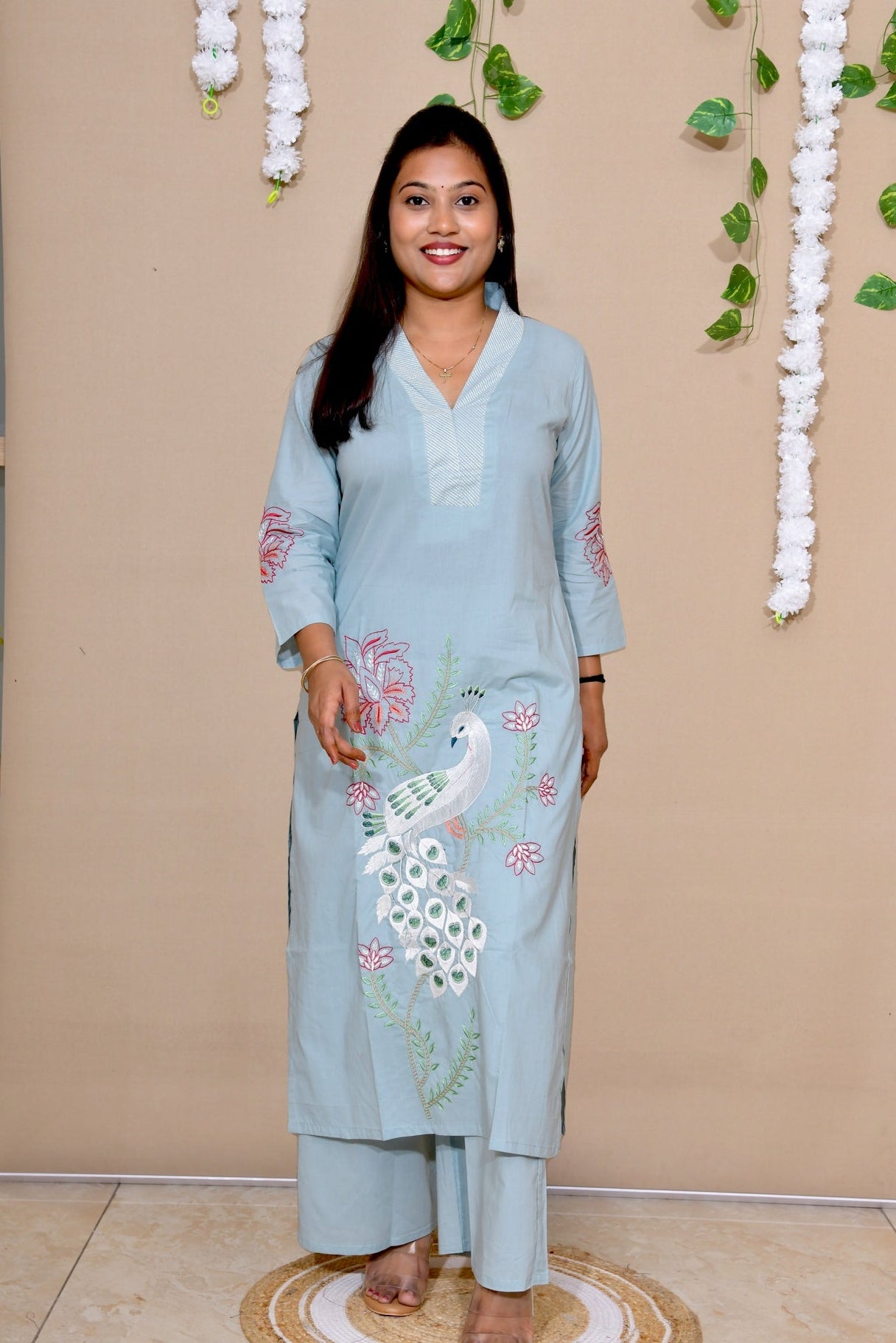 Sky Blue Peacock Embroidered Kurta Set