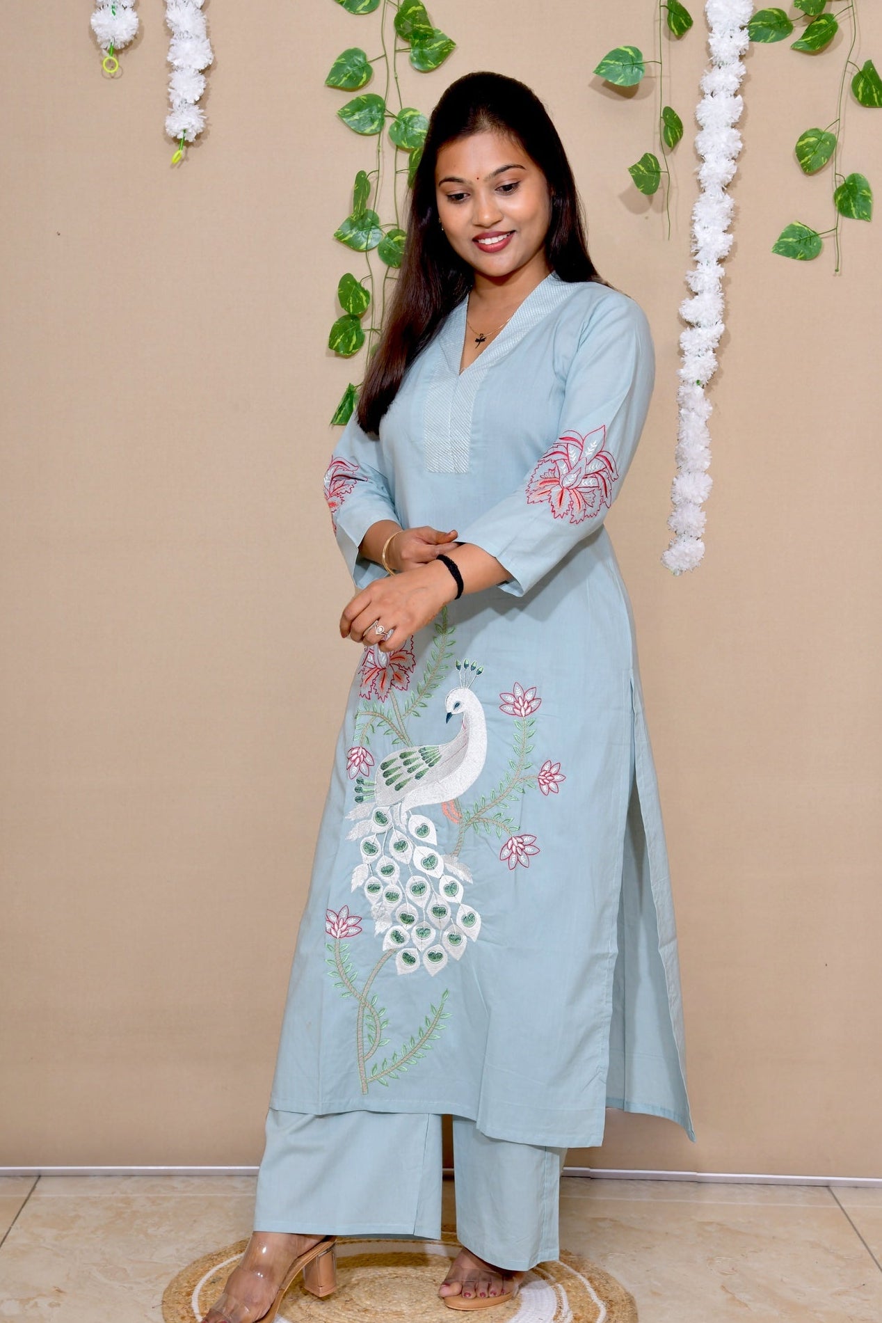 Sky Blue Peacock Embroidered Kurta Set