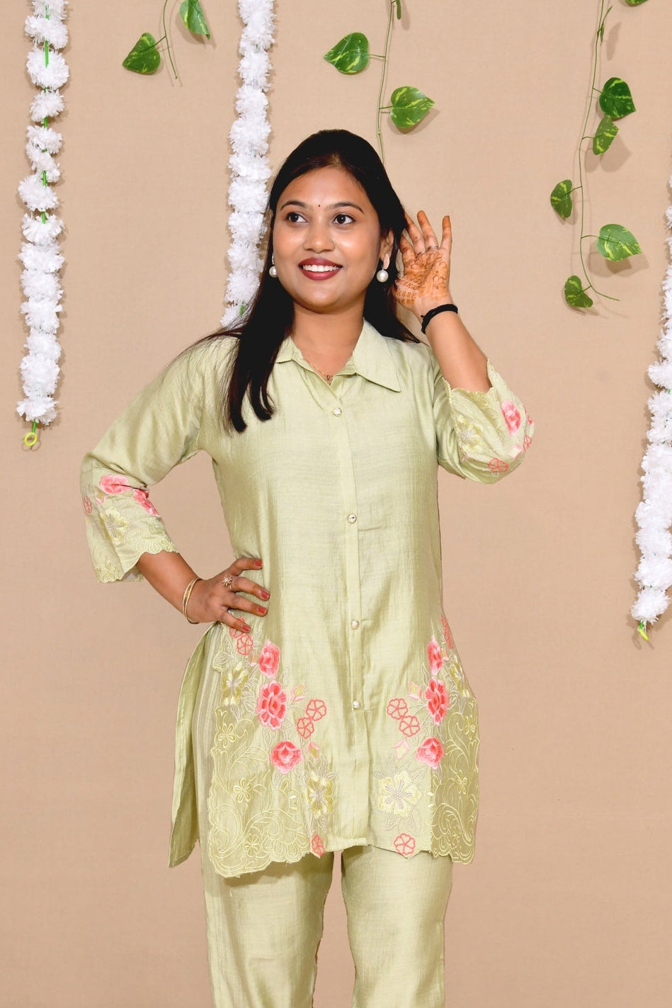 Pistachio Bloom Embroidered Co-Ord Set