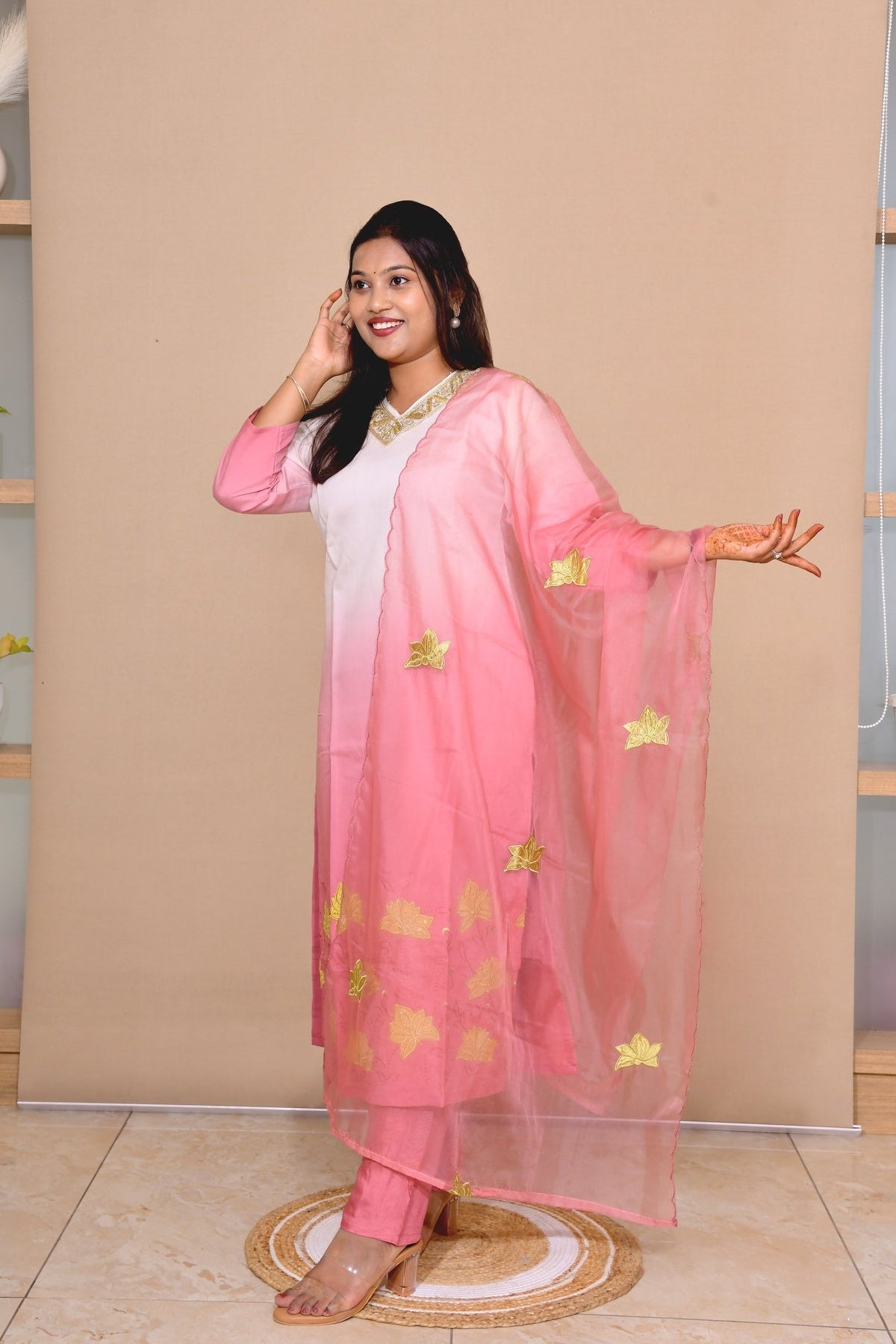 Pink Ombre Floral Embroidered Kurta Set