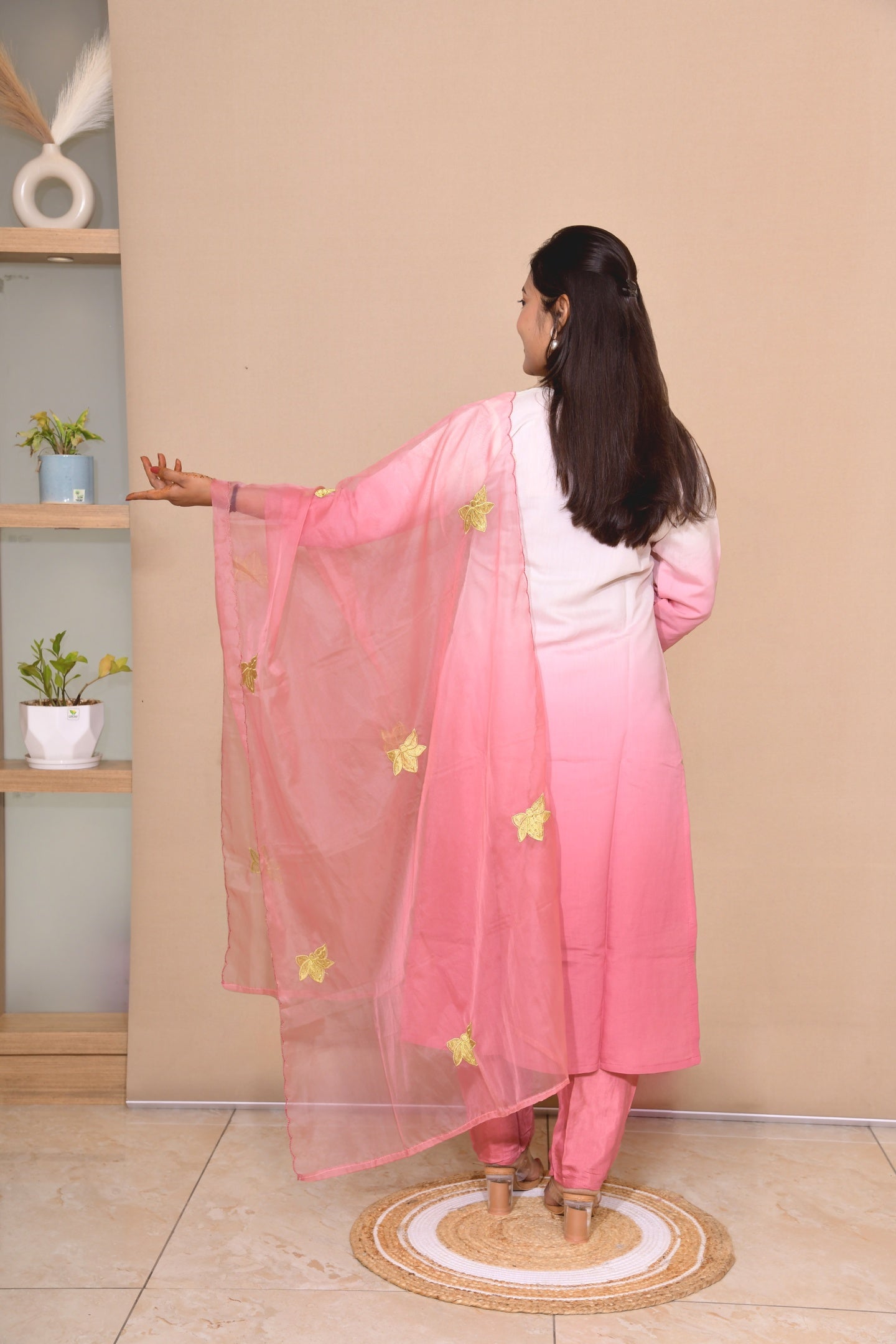 Pink Ombre Floral Embroidered Kurta Set