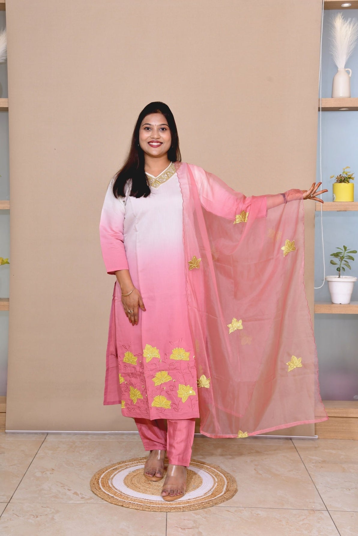Pink Ombre Floral Embroidered Kurta Set