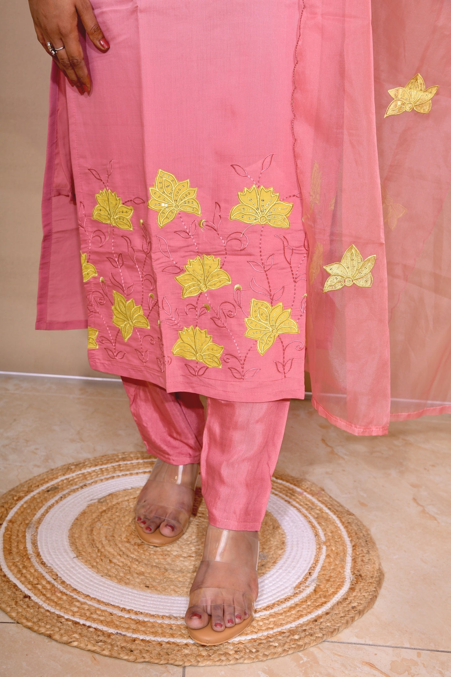 Pink Ombre Floral Embroidered Kurta Set