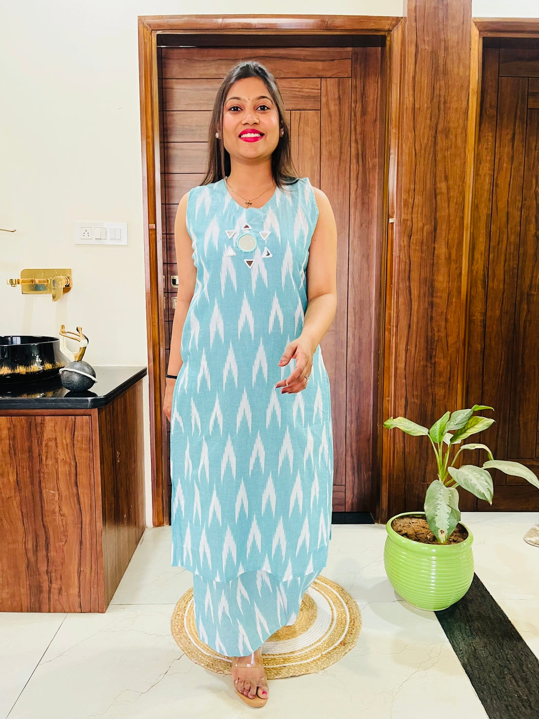 Aqua Ikkat Print Kurta-Plazzo Set