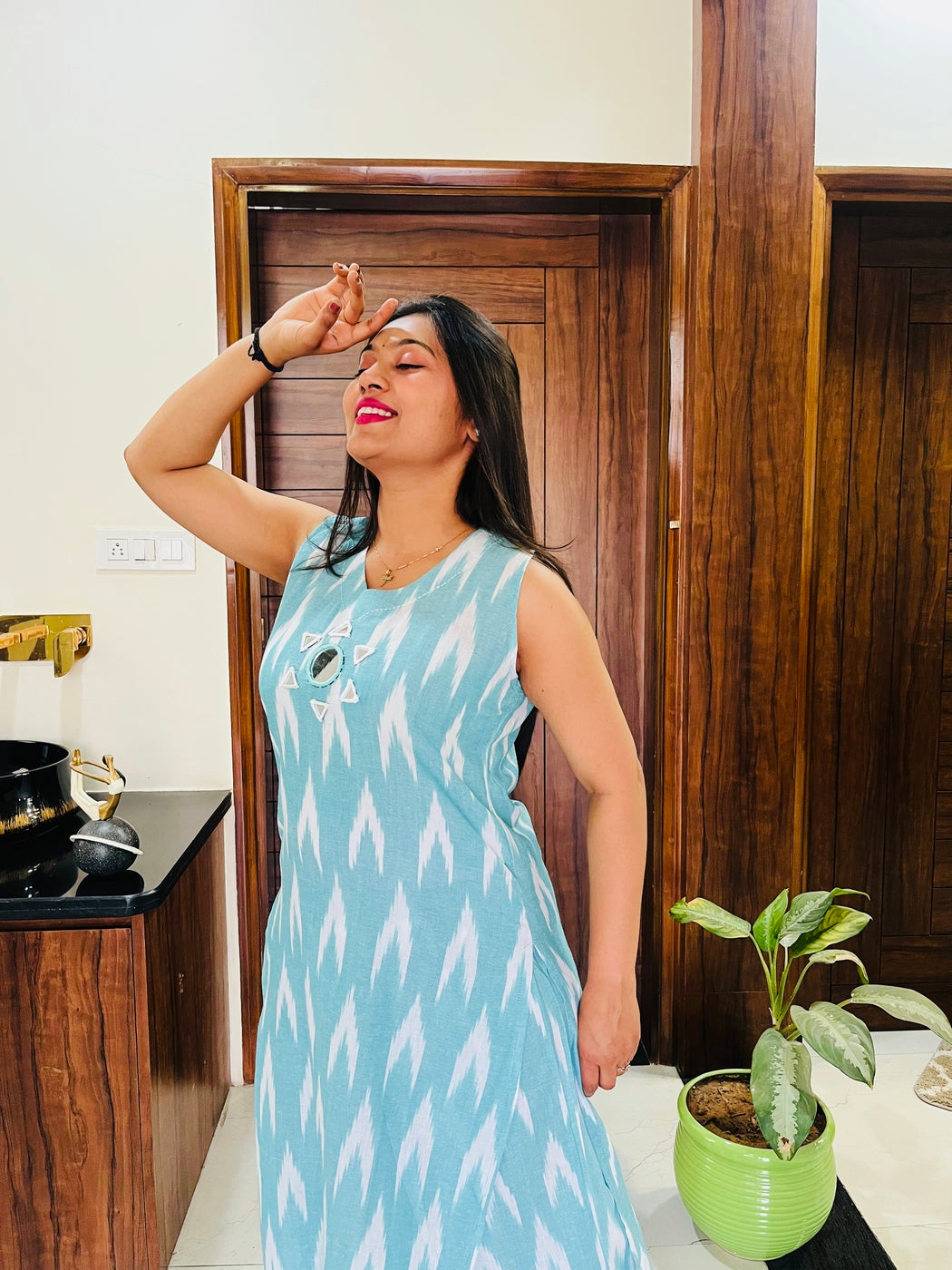 Aqua Ikkat Print Kurta-Plazzo Set