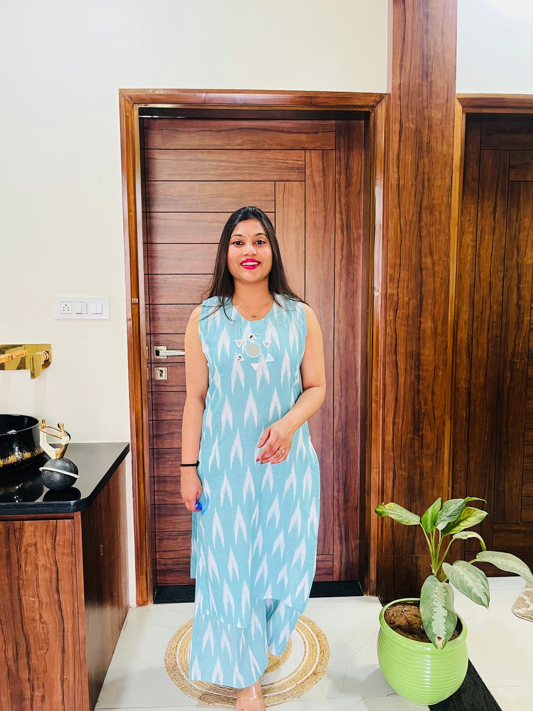 Aqua Ikkat Print Kurta-Plazzo Set