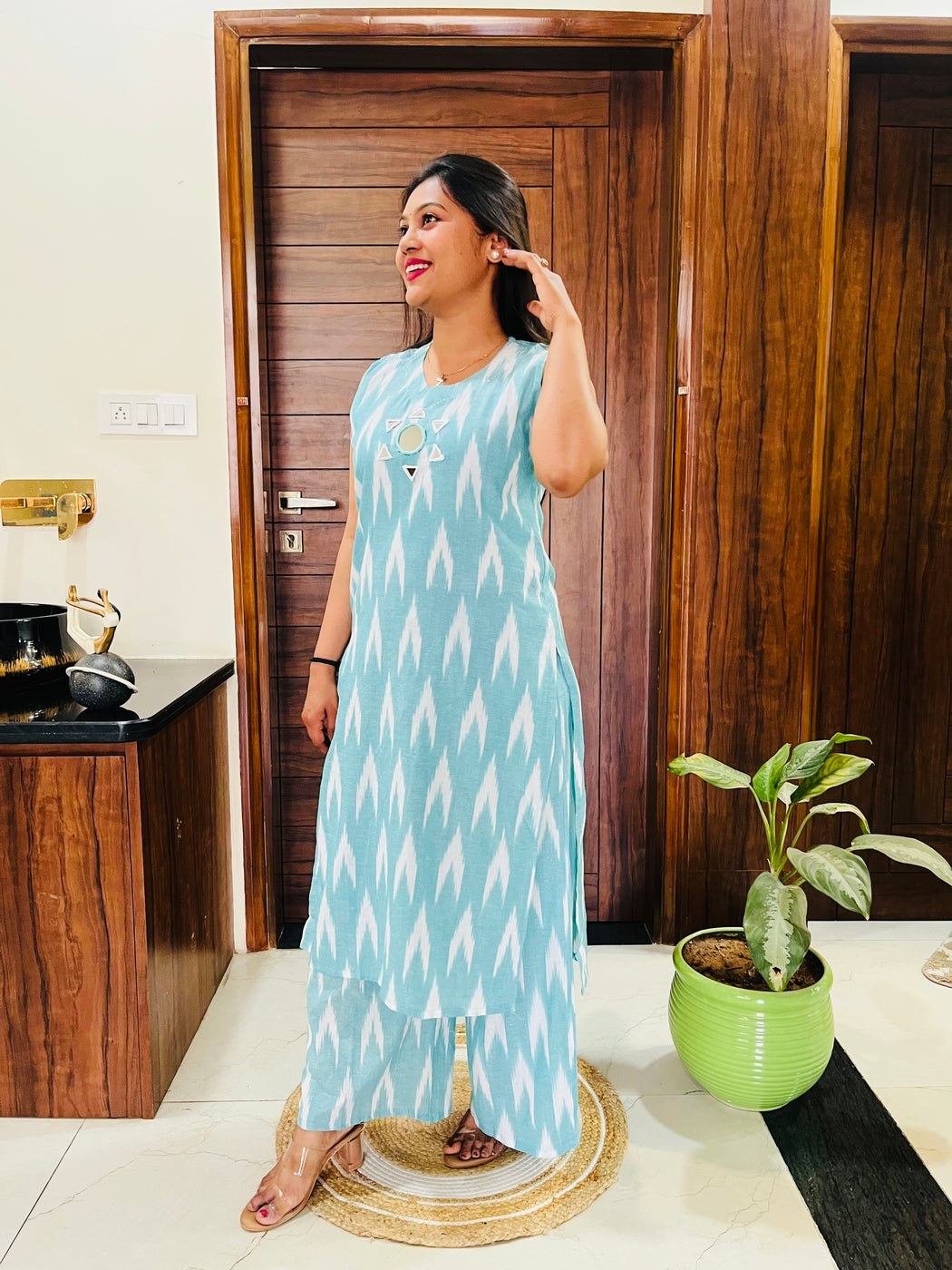 Aqua Ikkat Print Kurta-Plazzo Set