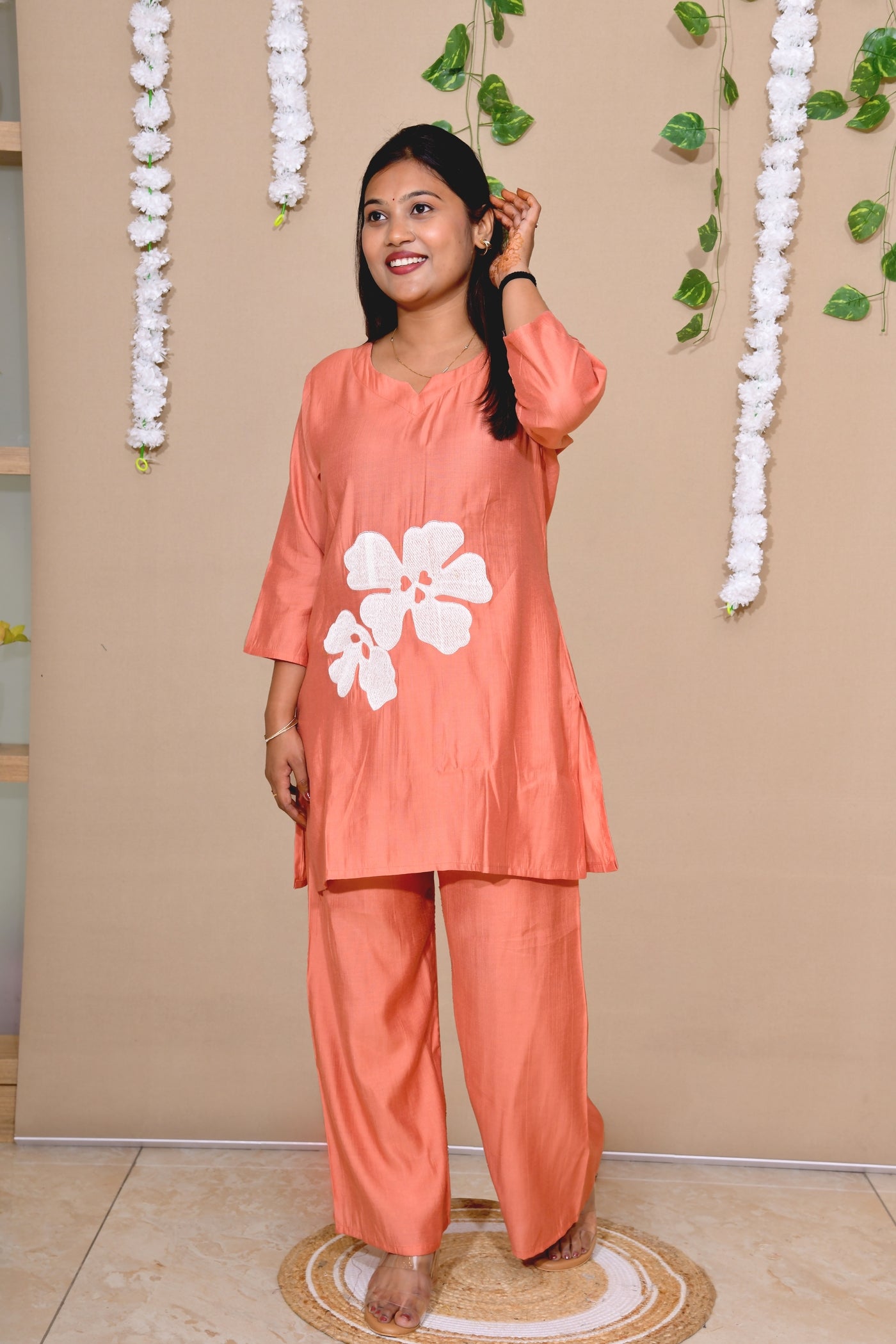 Coral Rust Cotton Co-ord Set with White Floral Appliqué Detailing