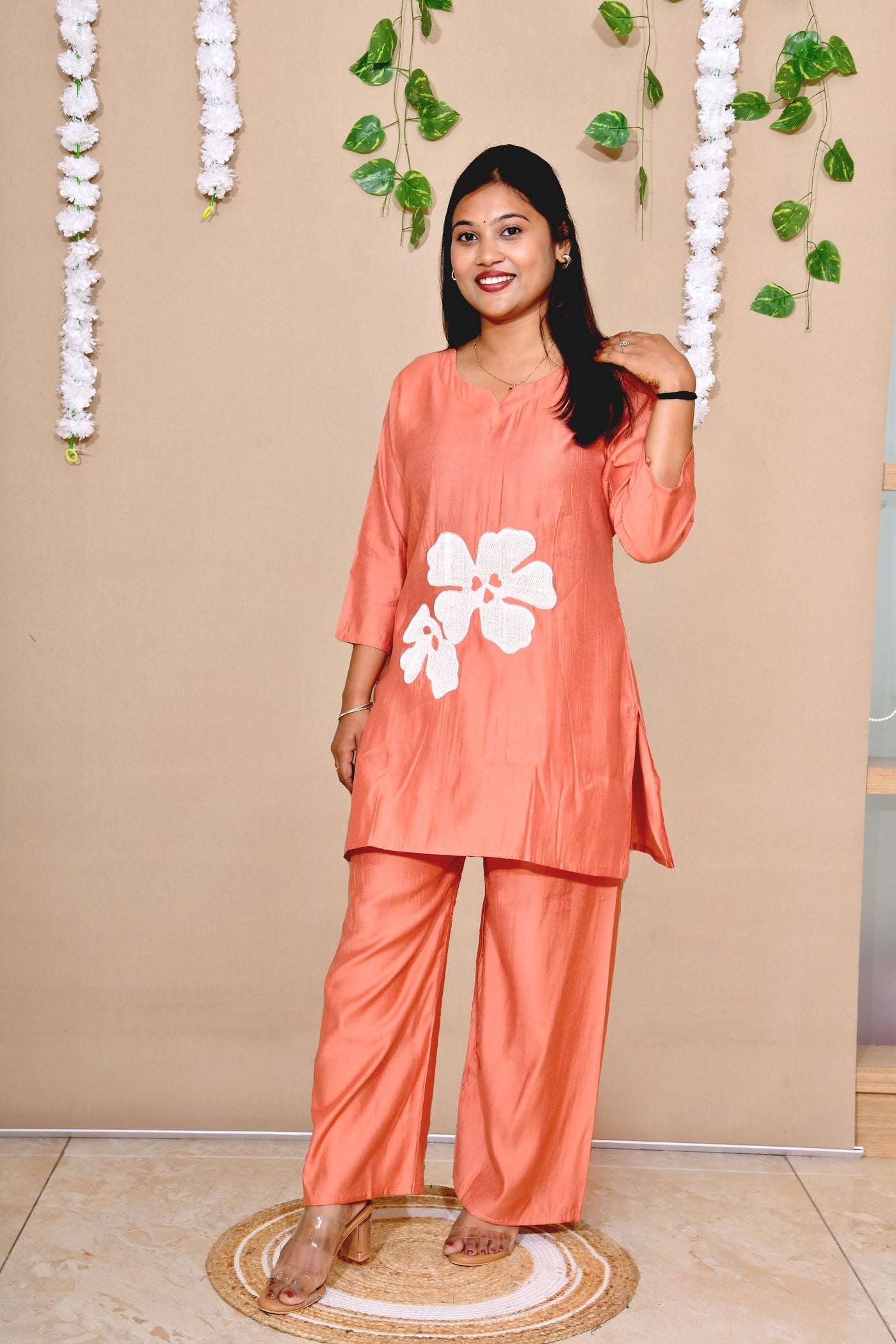 Coral Rust Cotton Co-ord Set with White Floral Appliqué Detailing