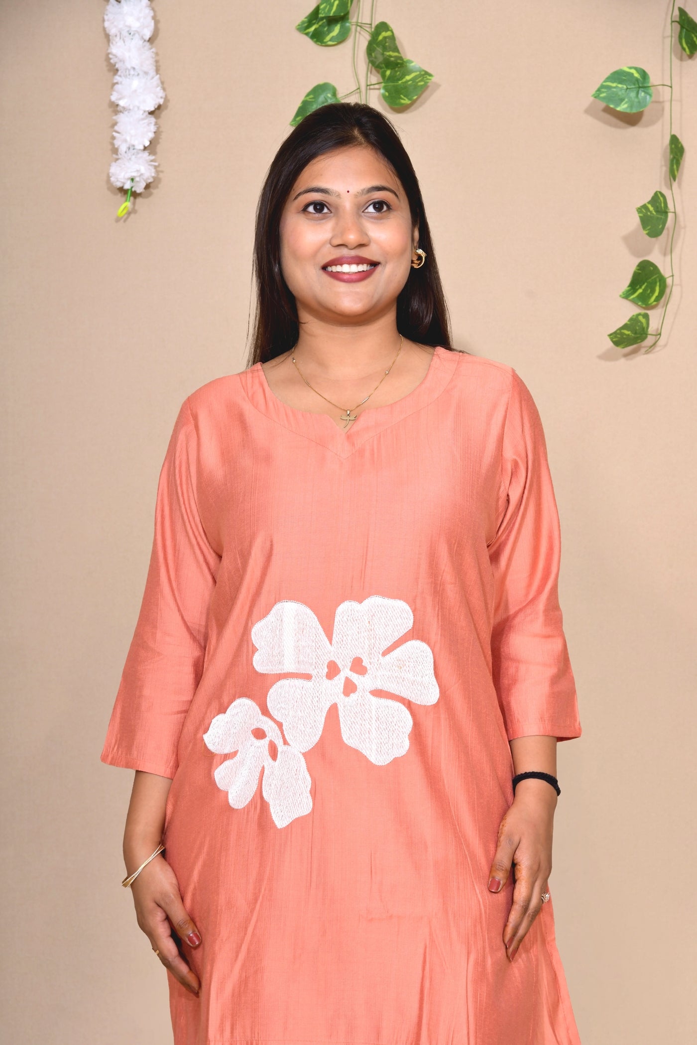 Coral Rust Cotton Co-ord Set with White Floral Appliqué Detailing